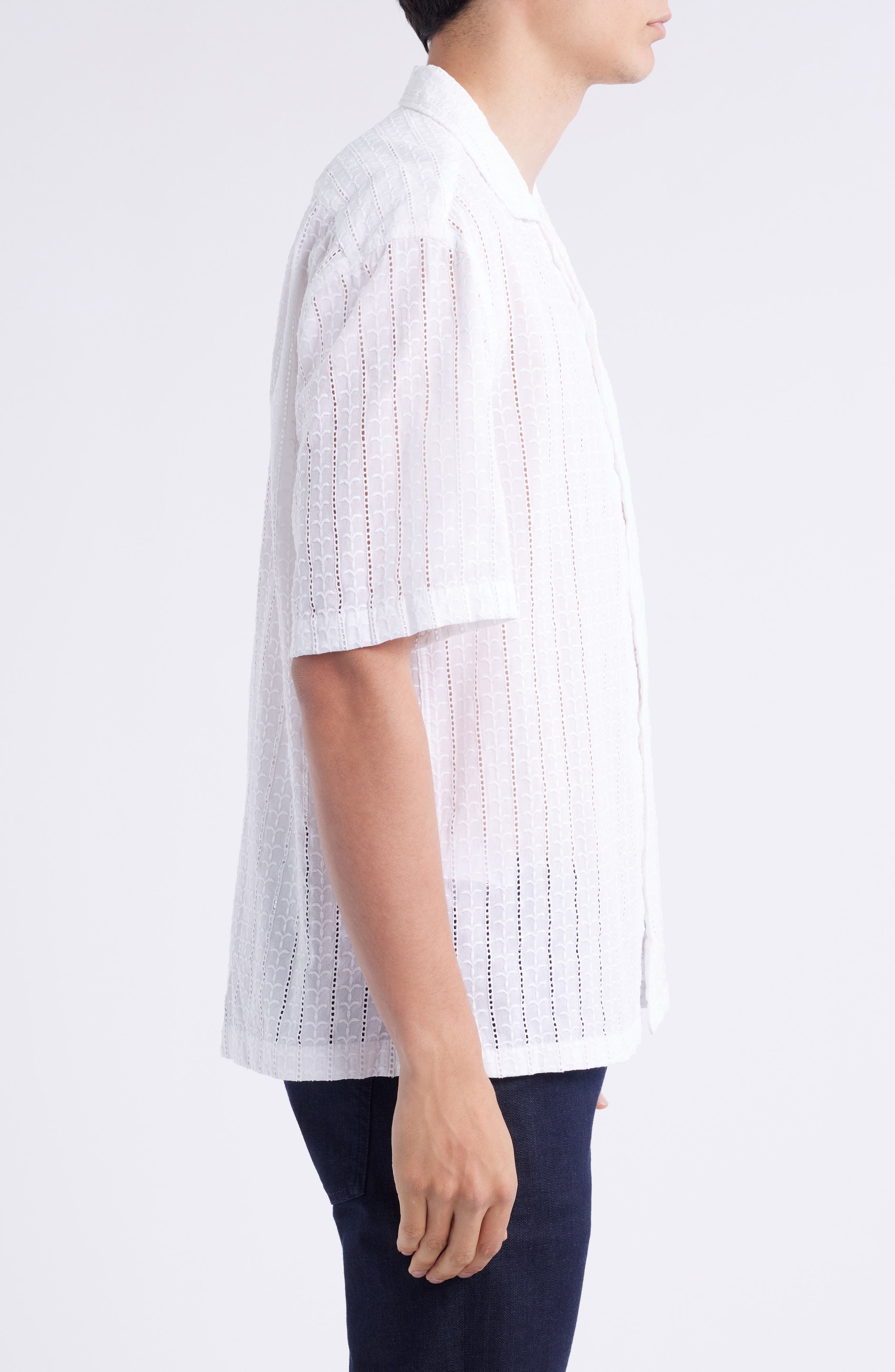 BOSS Lars Pointelle Stripe Camp Shirt in White at Nordstrom - 4