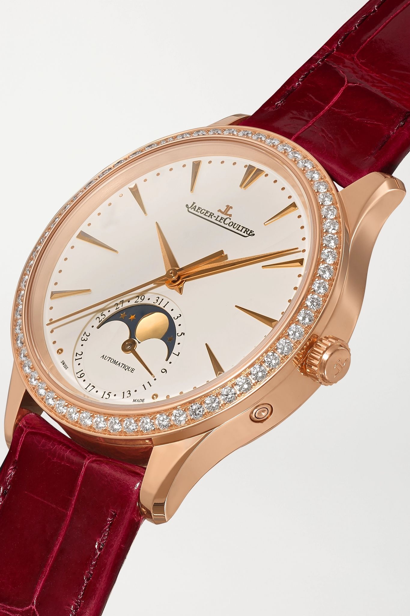 Master Ultra Thin Automatic Moon-Phase 34mm rose gold, alligator and diamond watch - 2