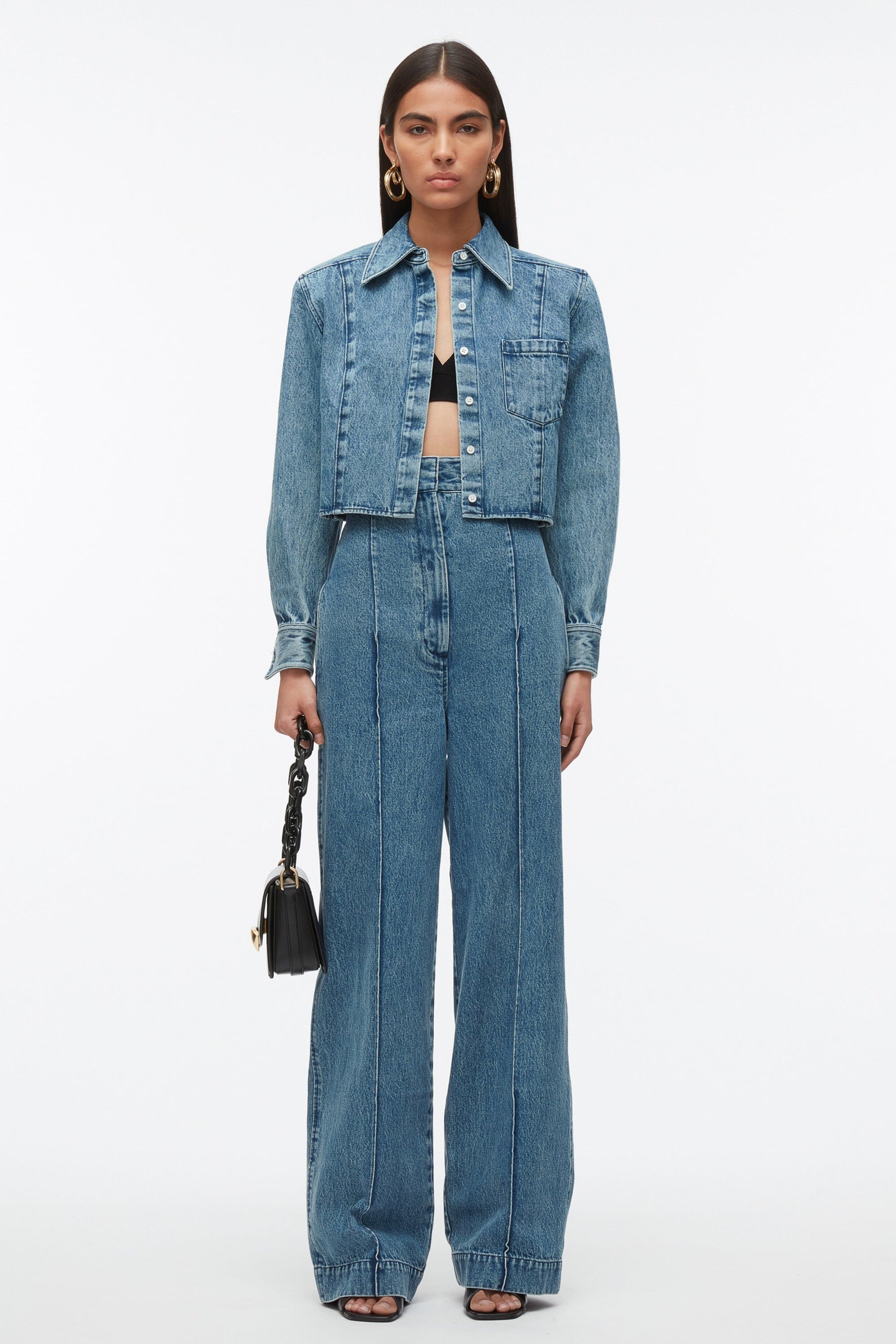 Denim Cropped Shirt with Shoulder Pads - 1