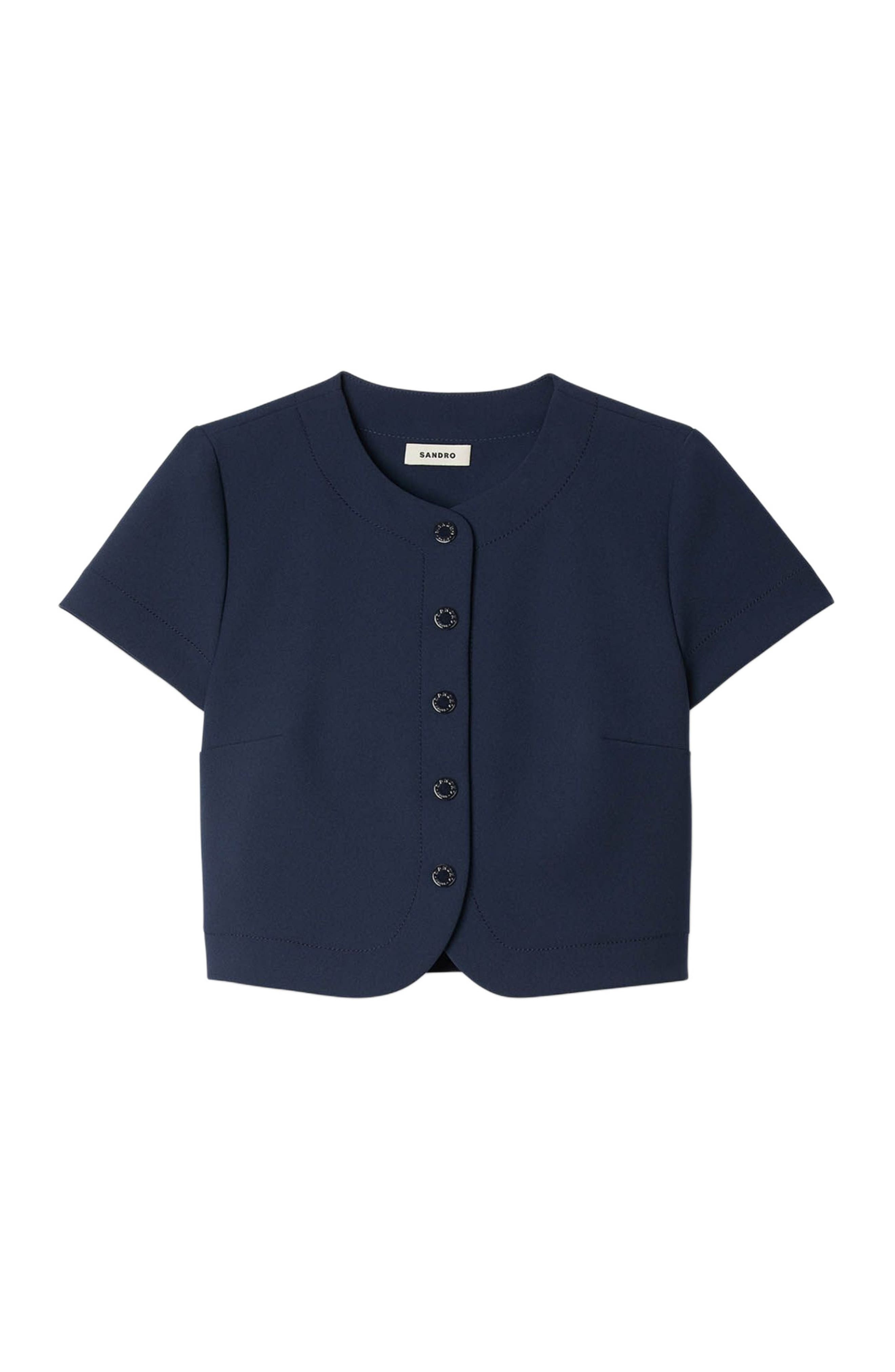 SANDRO Rounded hem buttoned crop top in Navy Blue at Nordstrom - 5