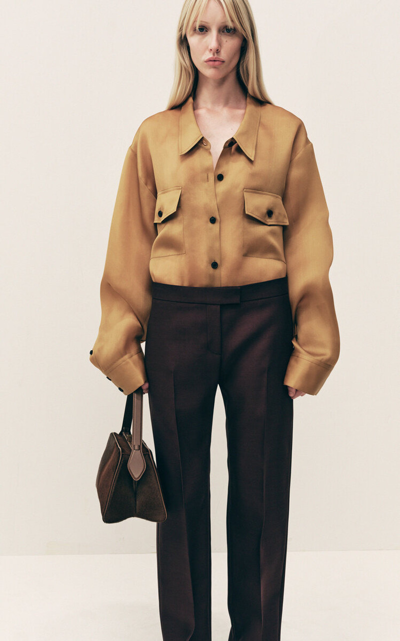 KHAITE Callen Wool-Silk Faille Straight-Leg Pants brown outlook