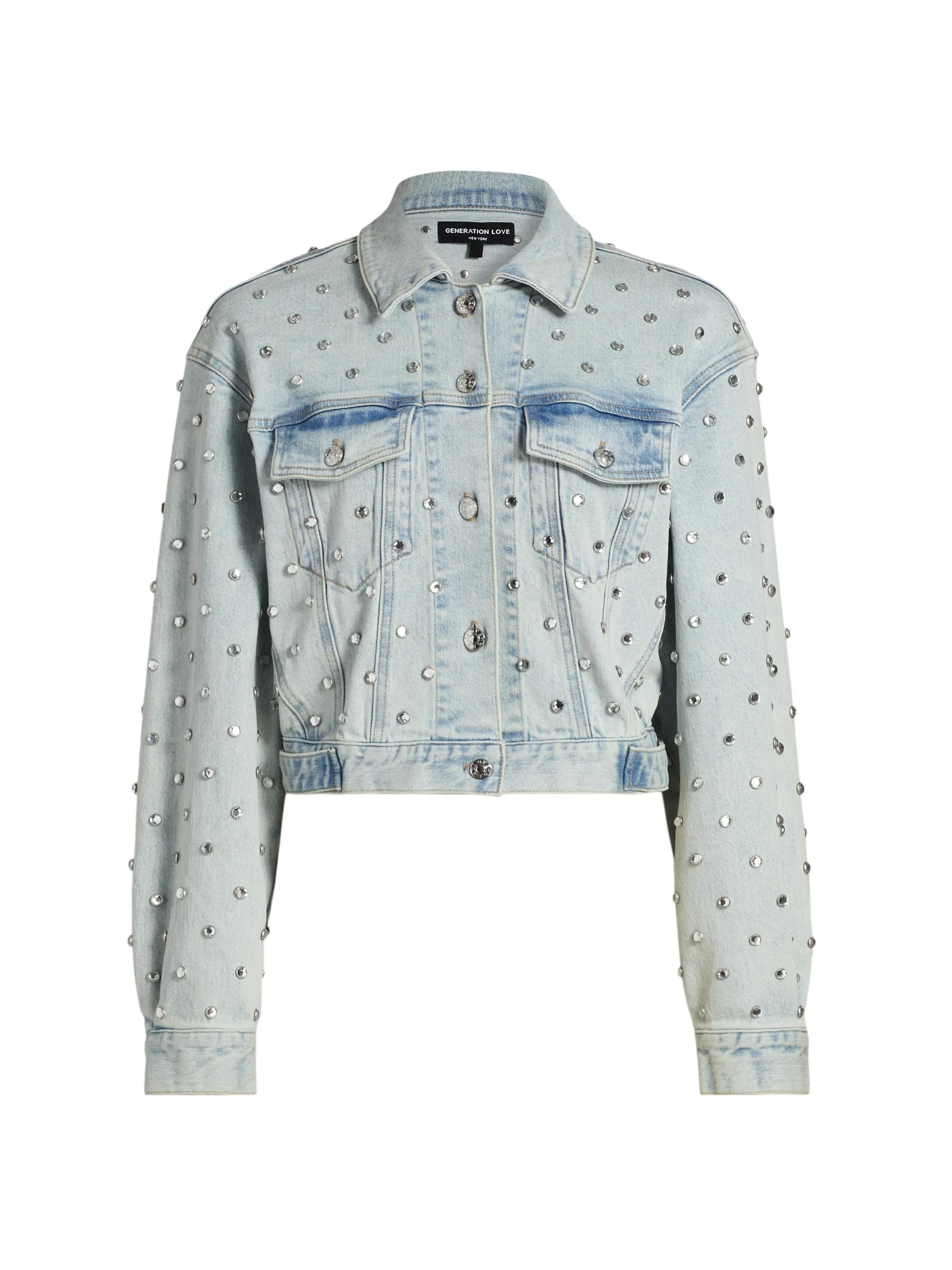 Women's Toddie Crystal Stretch-Denim Crop Jacket - Ice Blue - 1