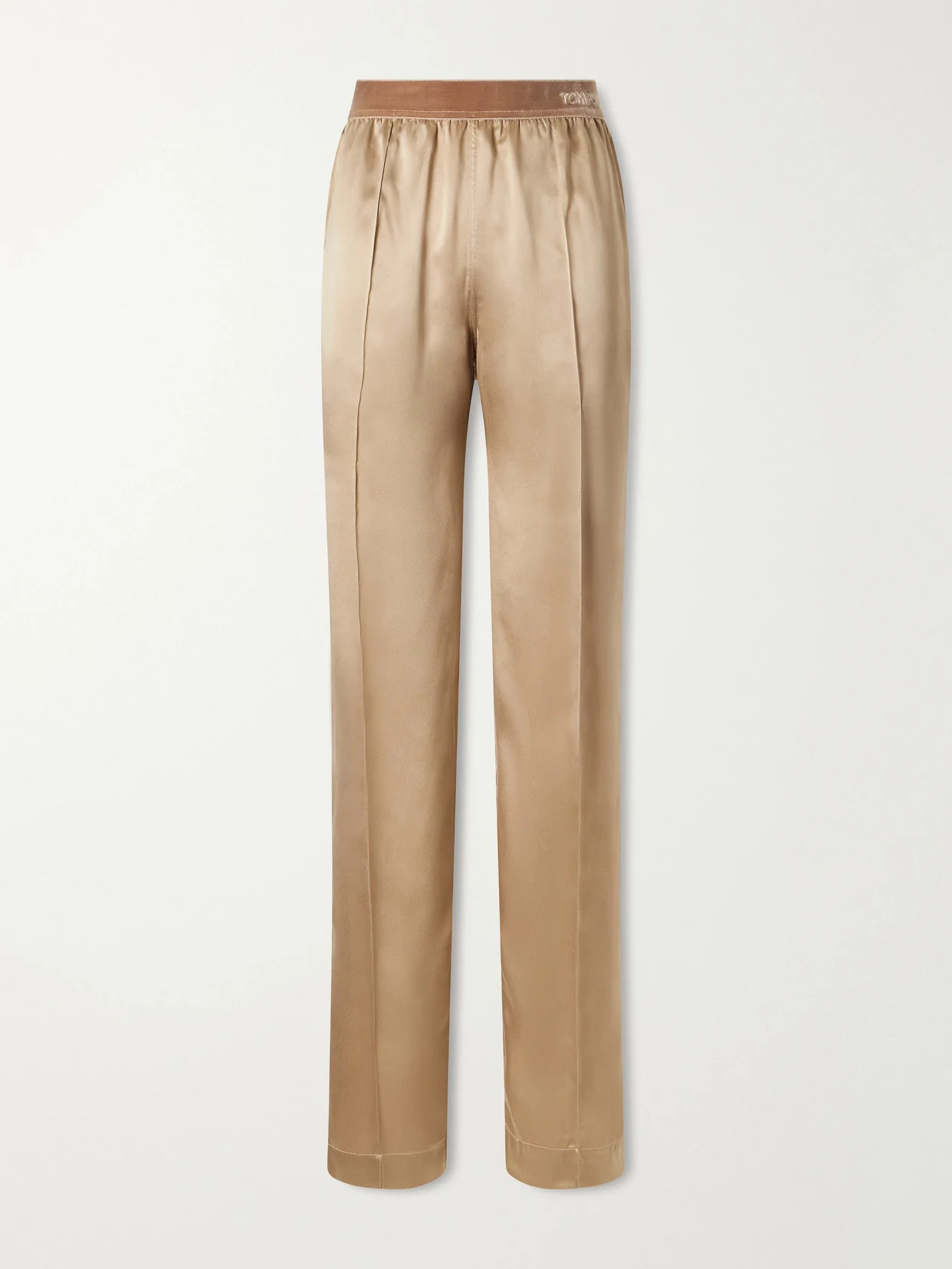 Logo-embroidered Velvet-trimmed Silk-satin Straight-leg Pants - 1