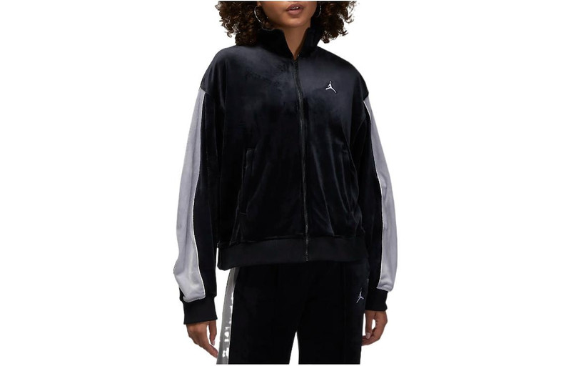 Jordan (WMNS) Air Jordan Velour Track Jacket 'Black Grey' DV1396-010 outlook