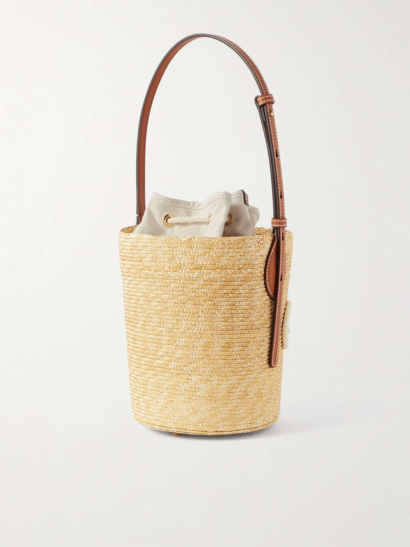 Leather-trimmed appliquéd raffia bucket bag - 3