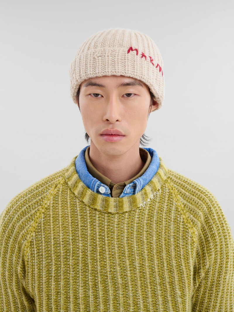 Marni CREAM SHETLAND WOOL BEANIE WITH MARNI MENDING outlook