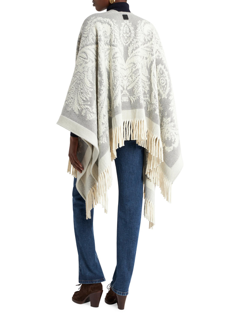 Women's Jacquard Wool Fringe-Trim Cape - Ivory Grey 3