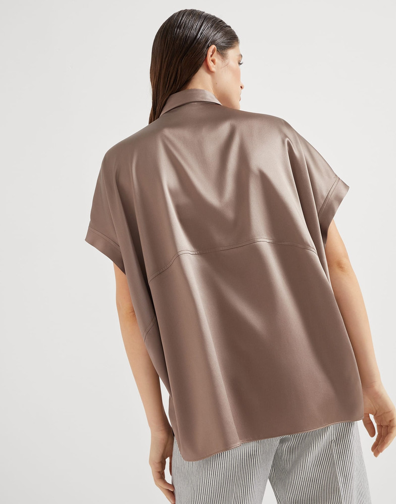 Brunello Cucinelli Stretch silk satin short sleeve shirt with monili outlook