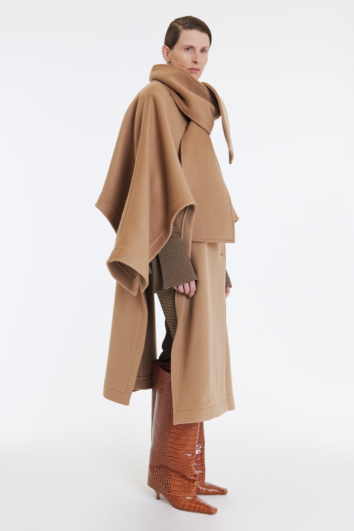 OPEN SLEEVE PONCHO COAT WITH SCARF DETAIL BEIGE - 3