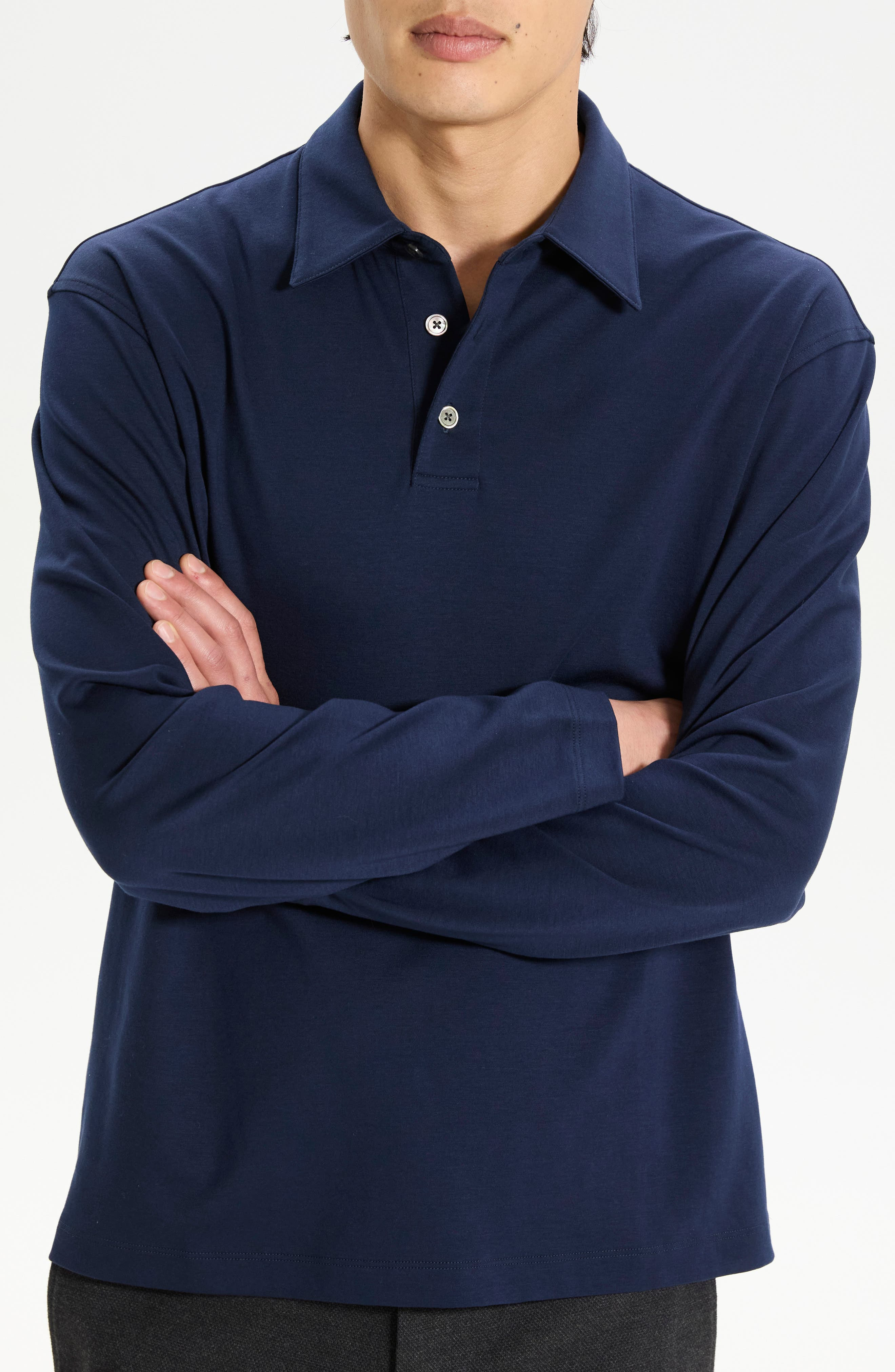 Theory City Relaxed Long Sleeve Cotton Polo in Baltic - 3