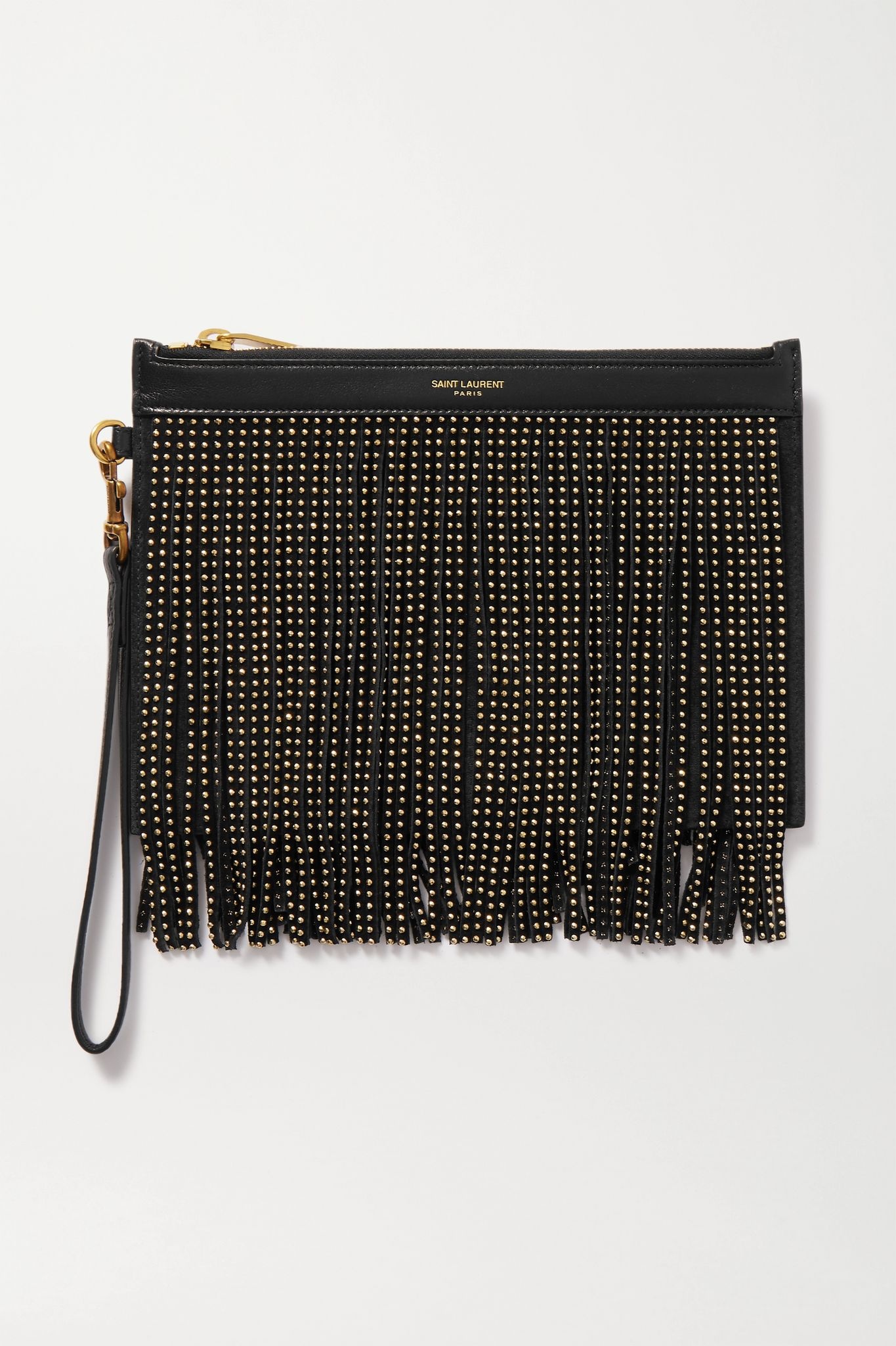 Studded fringed leather and suede pouch - 1