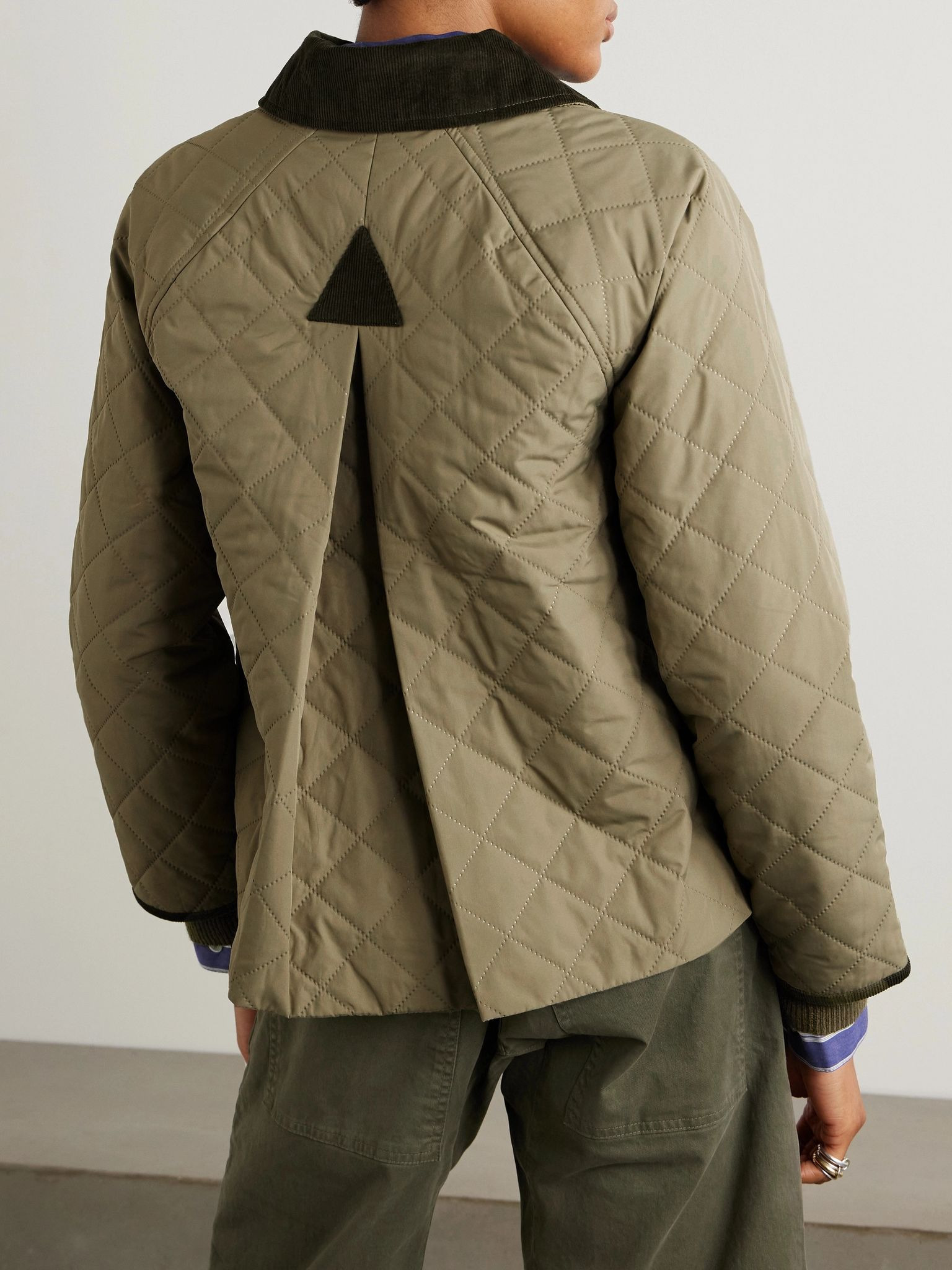Anise corduroy-trimmed cropped quilted shell jacket Gray green - 4