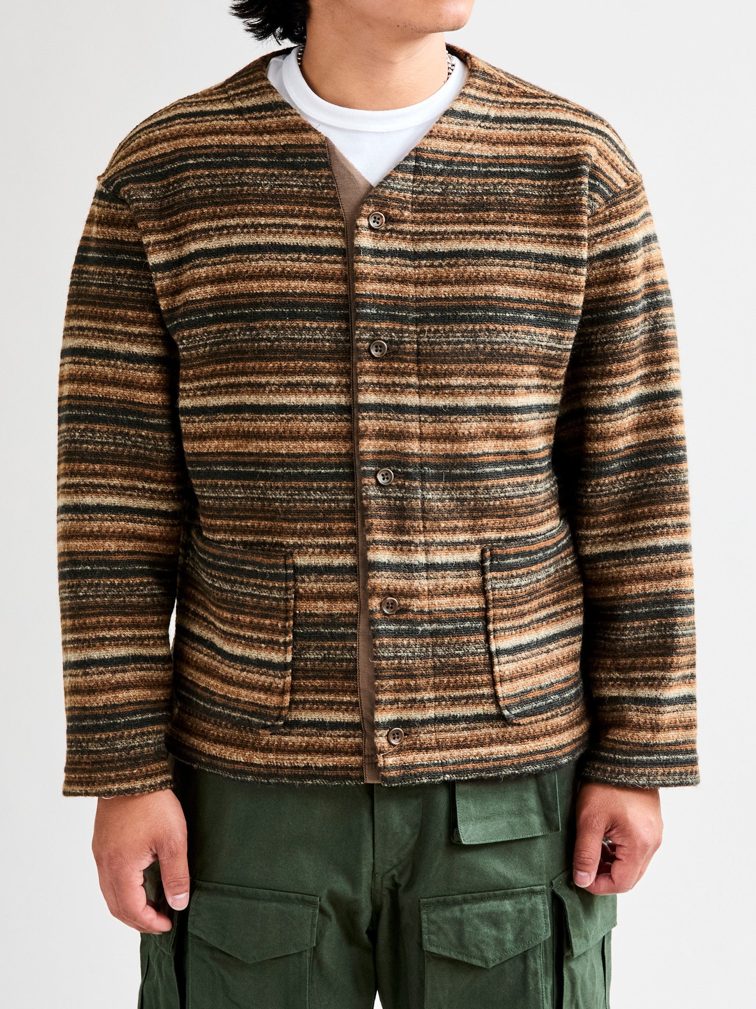 Fair Isle Knit Cardigan Sweater in Brown Stripe - 2