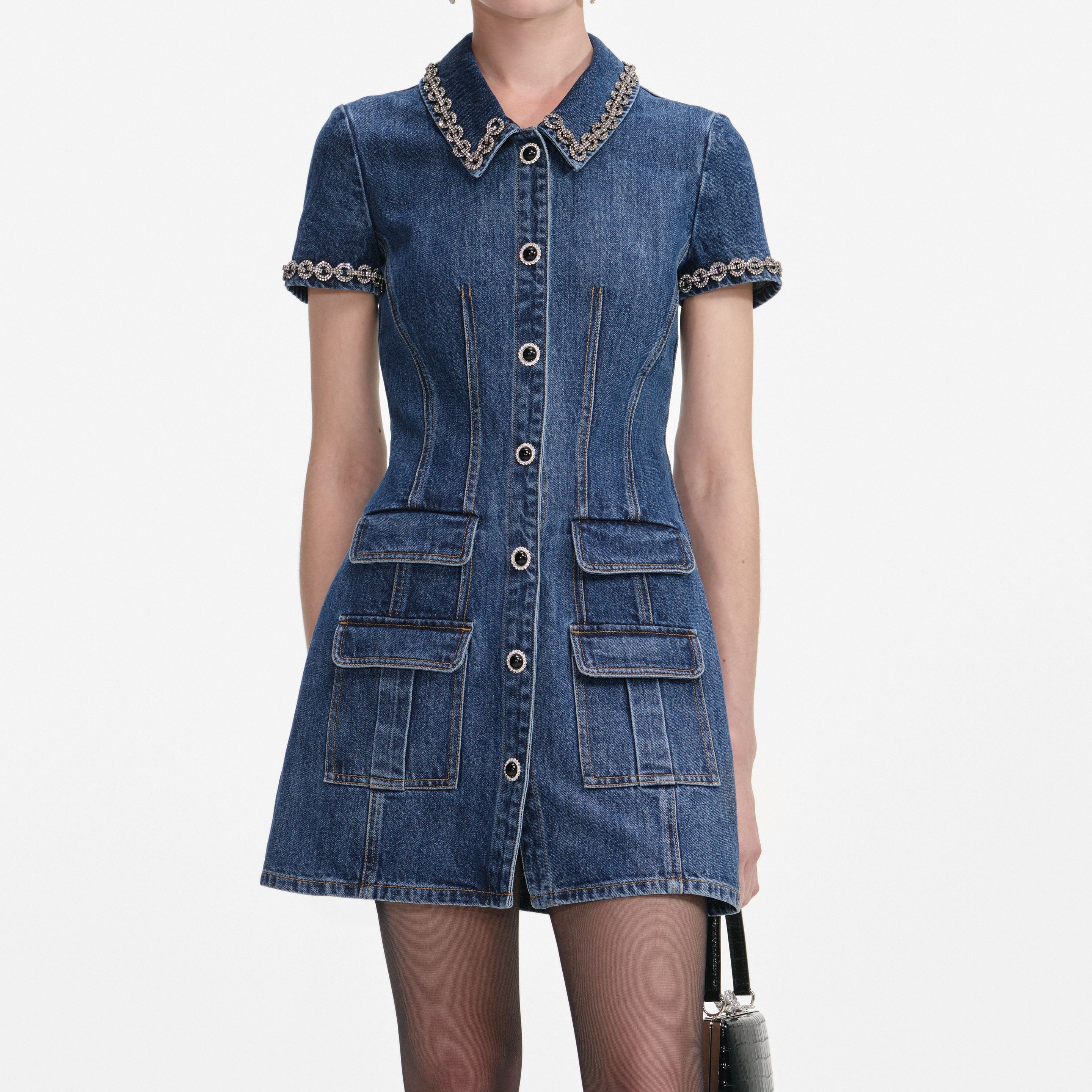 Denim Crystal Trim Collared Mini Dress - 4