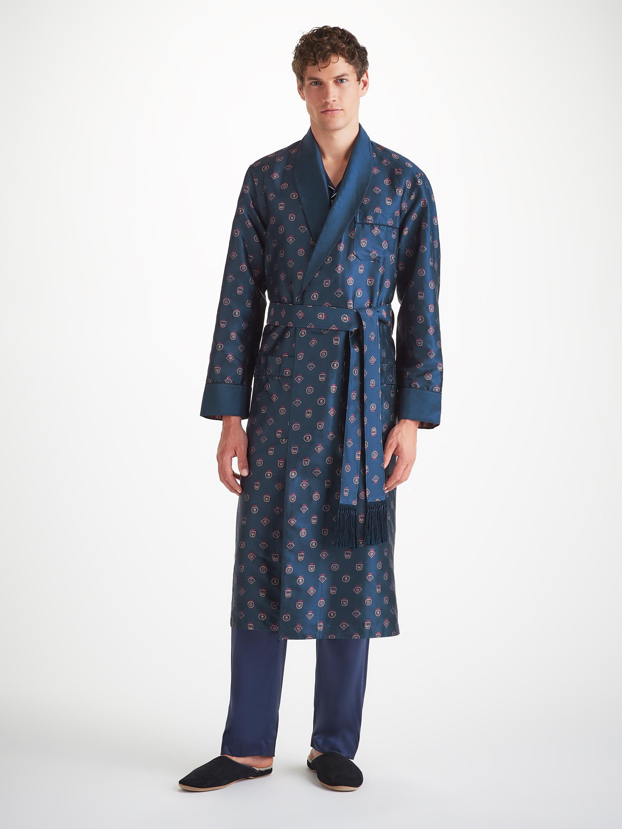 Men's Robe Silk Jacquard Navy Badge Pattern - 3