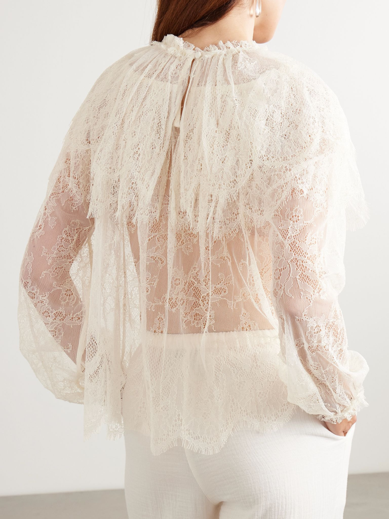 Viviane cape-effect ruffled Chantilly lace blouse White - 3