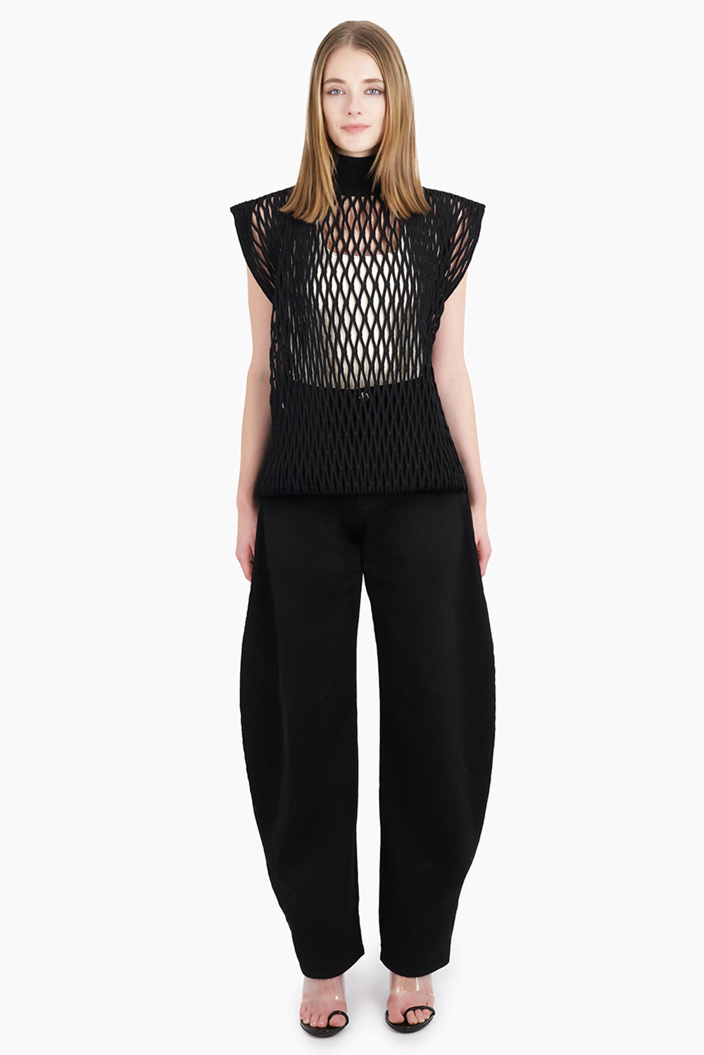 MACRAME KNIT HIGH NECK S/S TOP | BLACK - 2