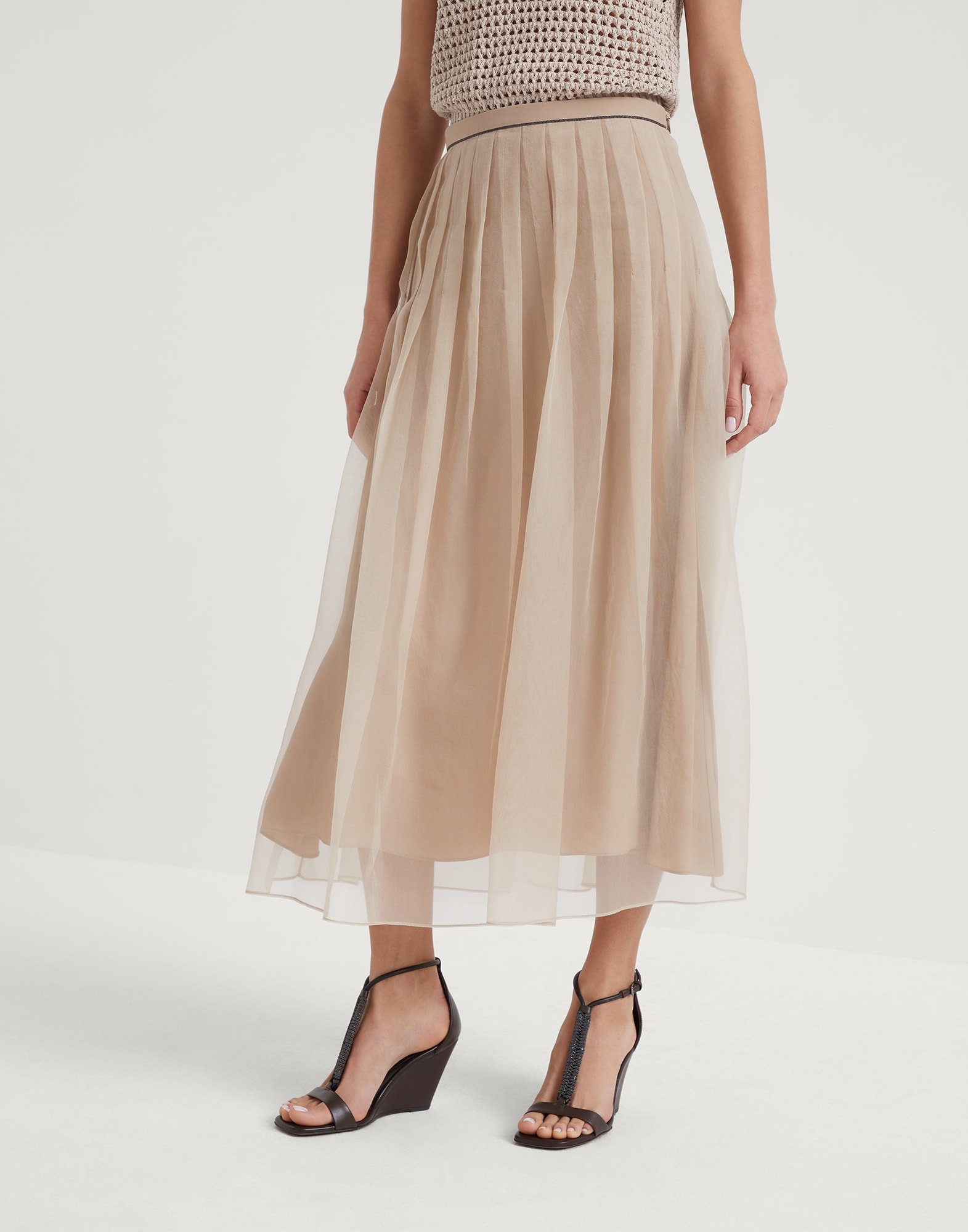 Crispy silk pleated midi skirt with shiny waistband - 1