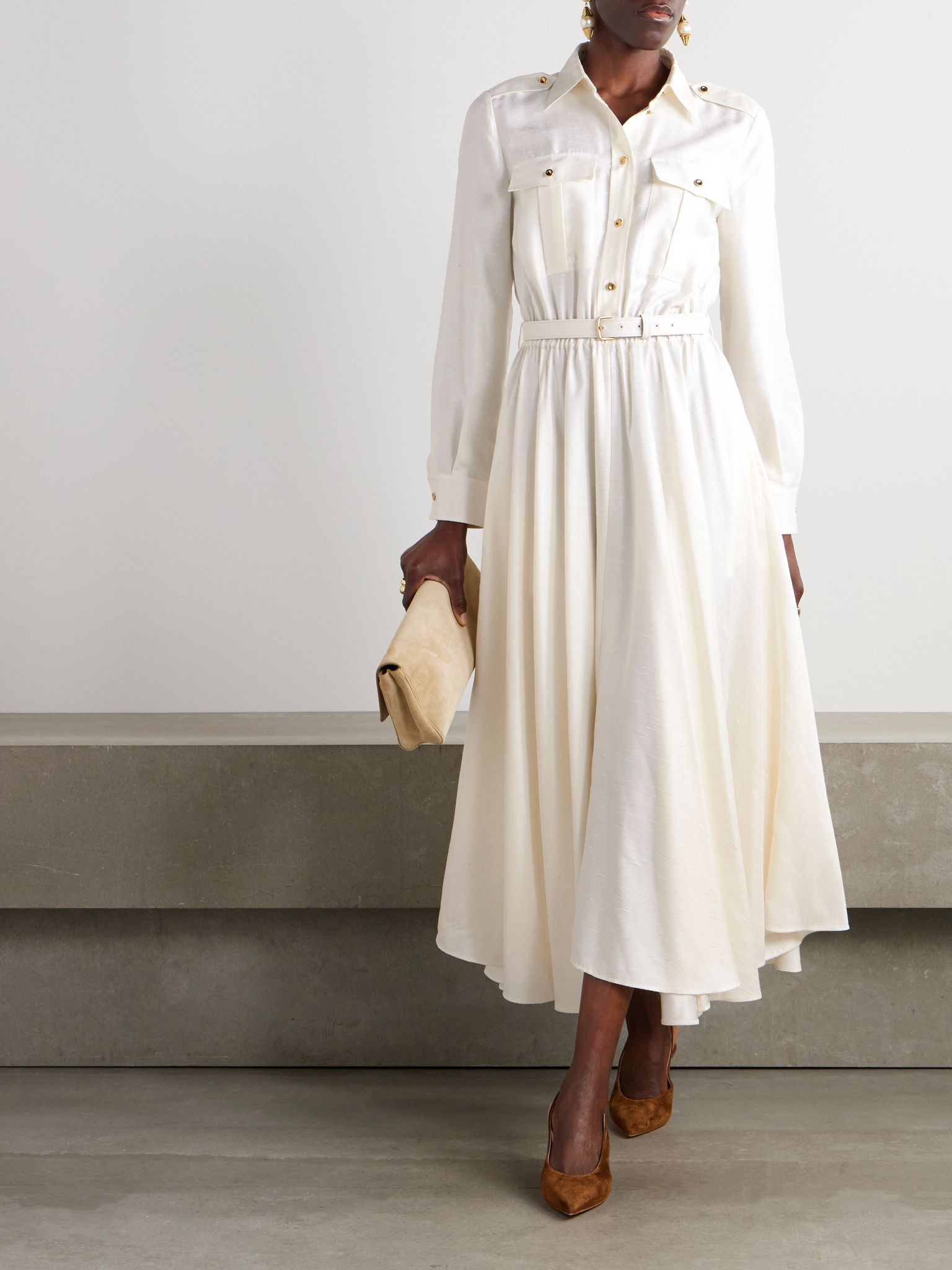 Lela belted leather-trimmed silk-shantung midi shirt dress Off-white - 2