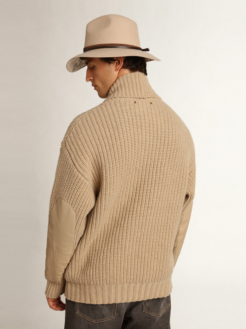 Men's double-breasted beige wool cardigan with leather patches 4