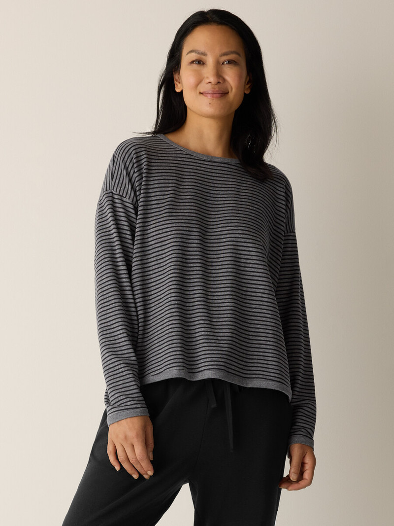 EILEEN FISHER Striped Cozy Brushed Terry Box-Top outlook