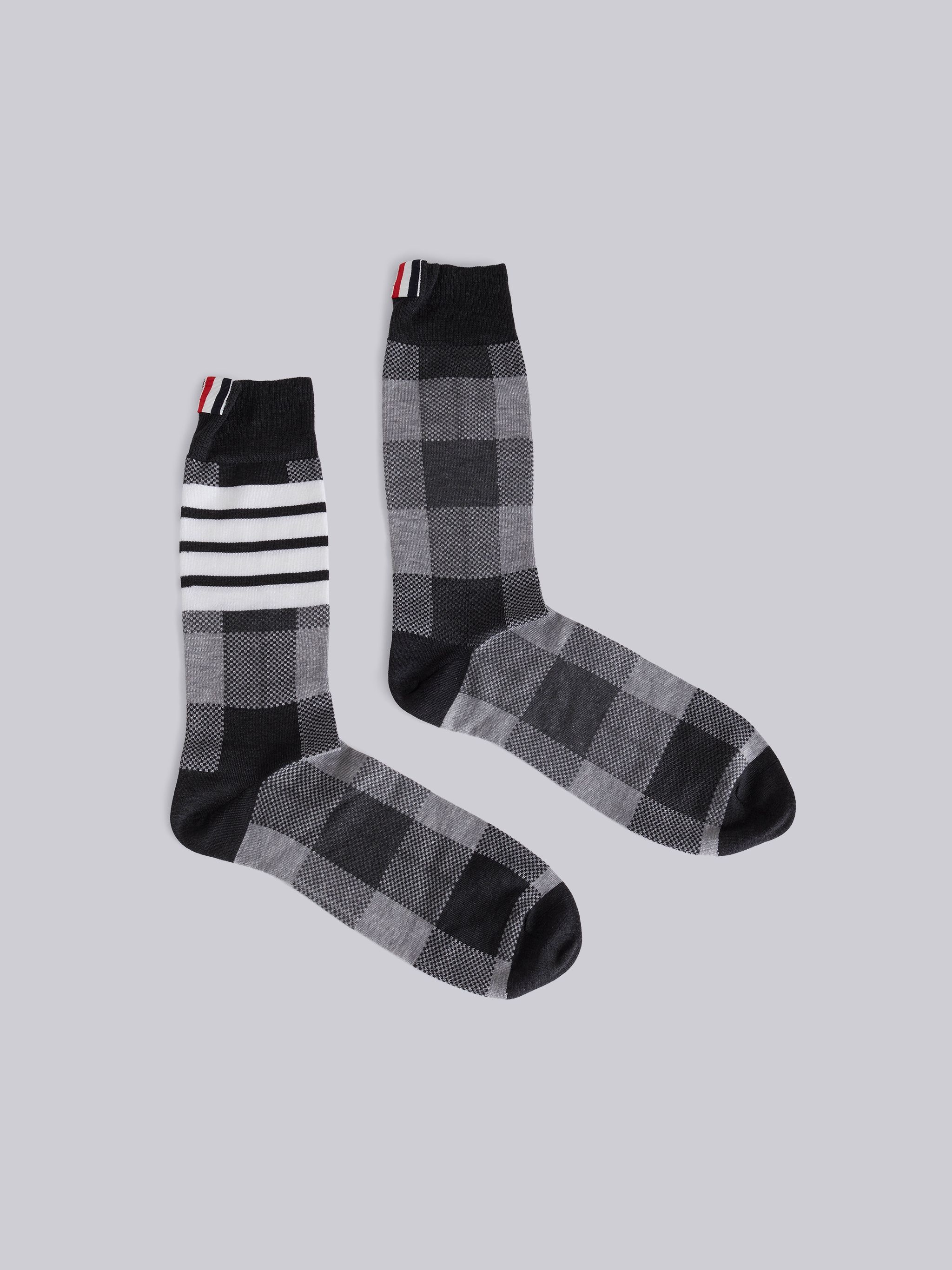 Medium Grey Cotton Buffalo Check Mid-calf 4-Bar Socks - 1