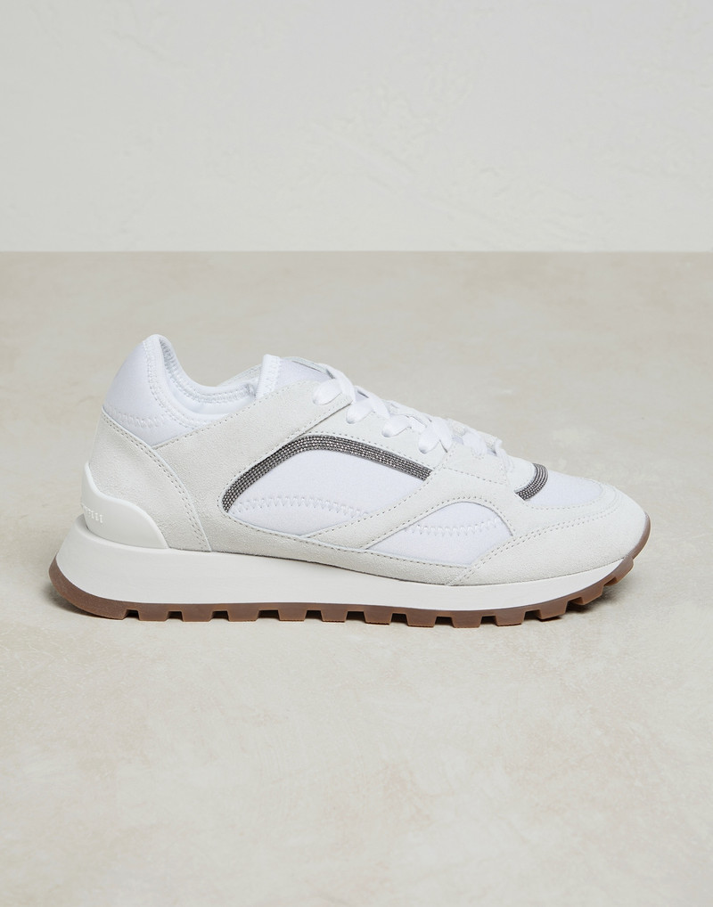 Suede and techno fabric runners with precious contour 1