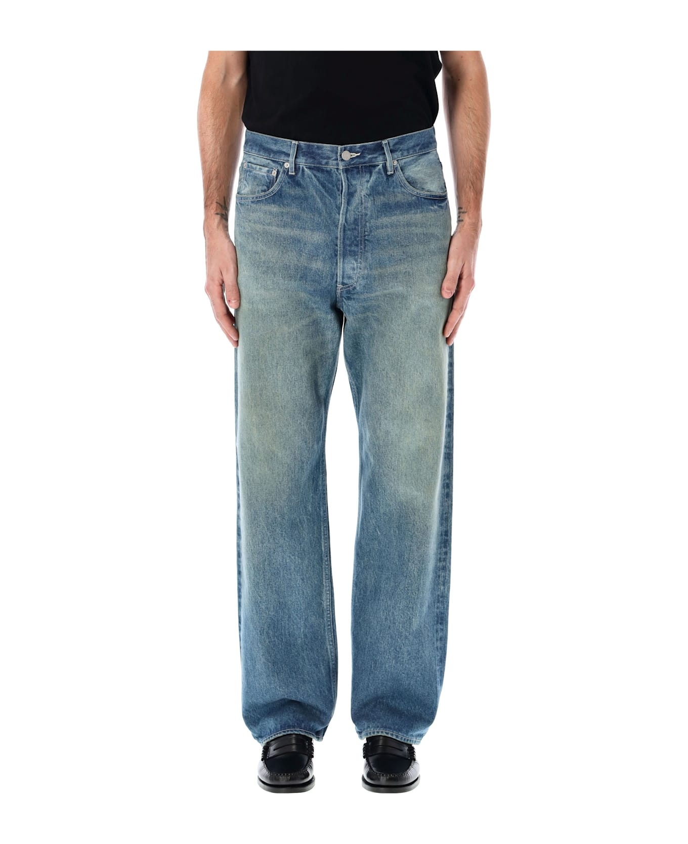 Blue Selvedge Faded Heavy Denim Wide Jeans by AURALEE on Sale