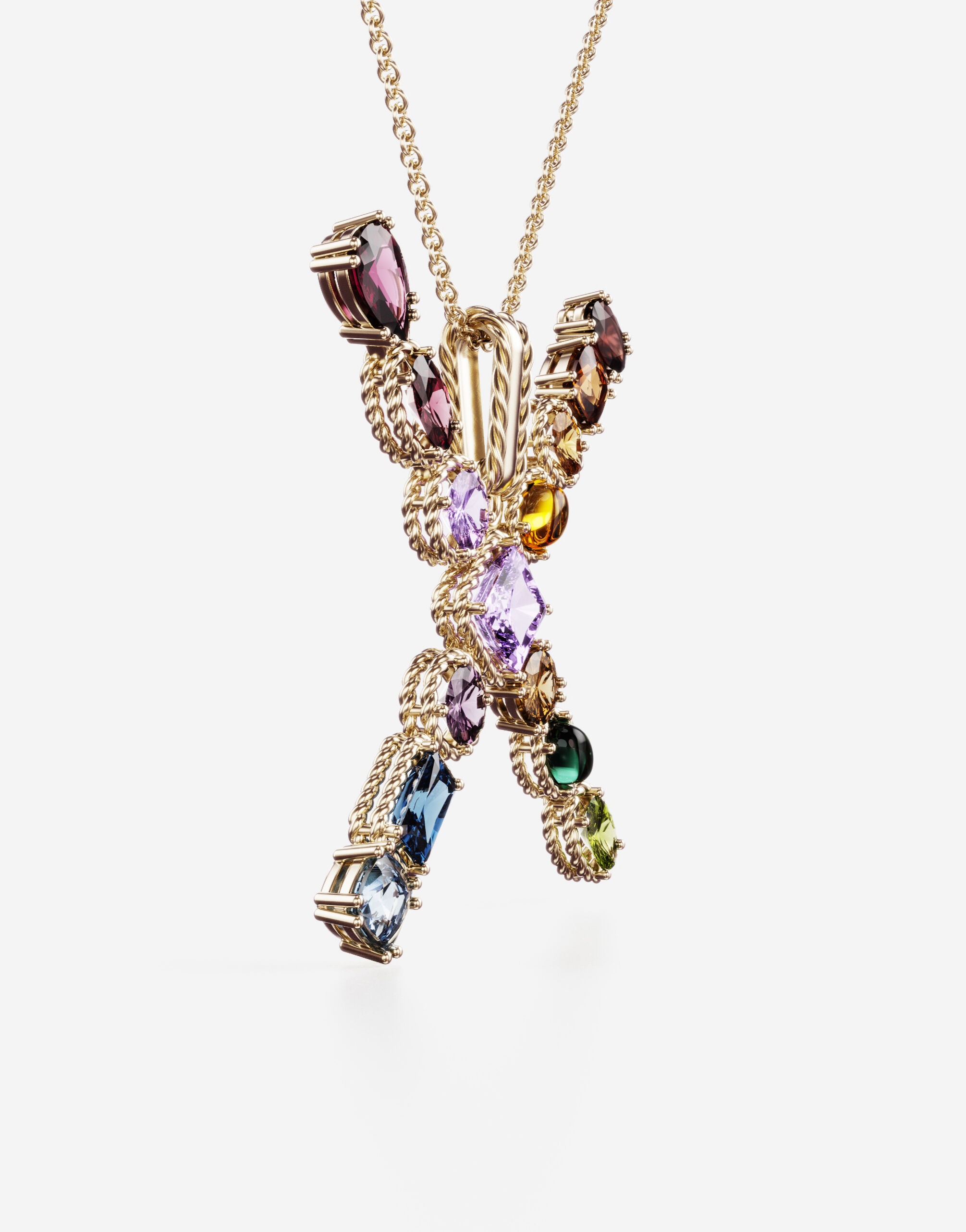 Rainbow alphabet X pendant in yellow gold with multicolor fine gems - 3