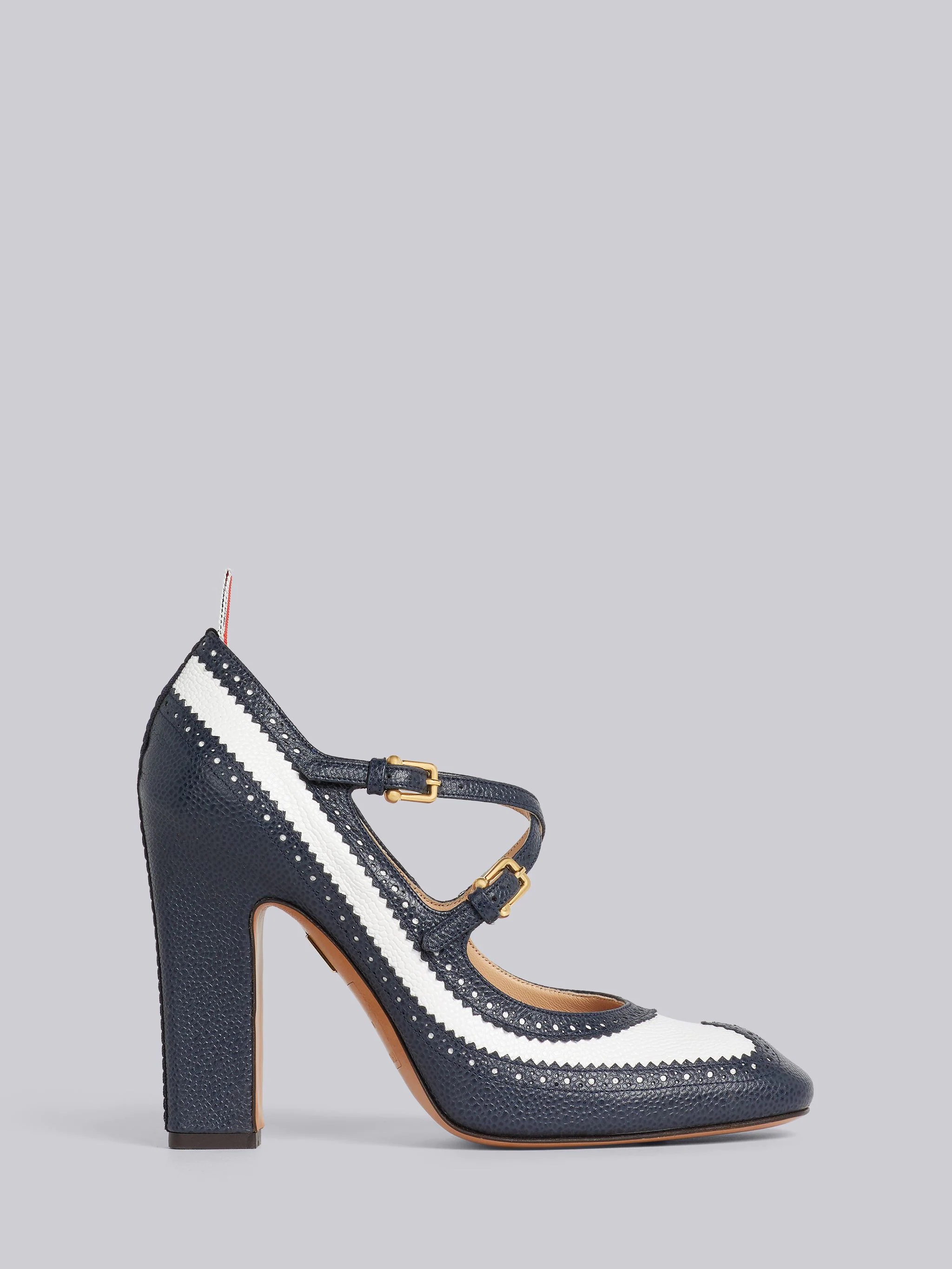Navy Pebble Grain Leather 105mm Block Heel Brogued Criss Cross Thom John - 1