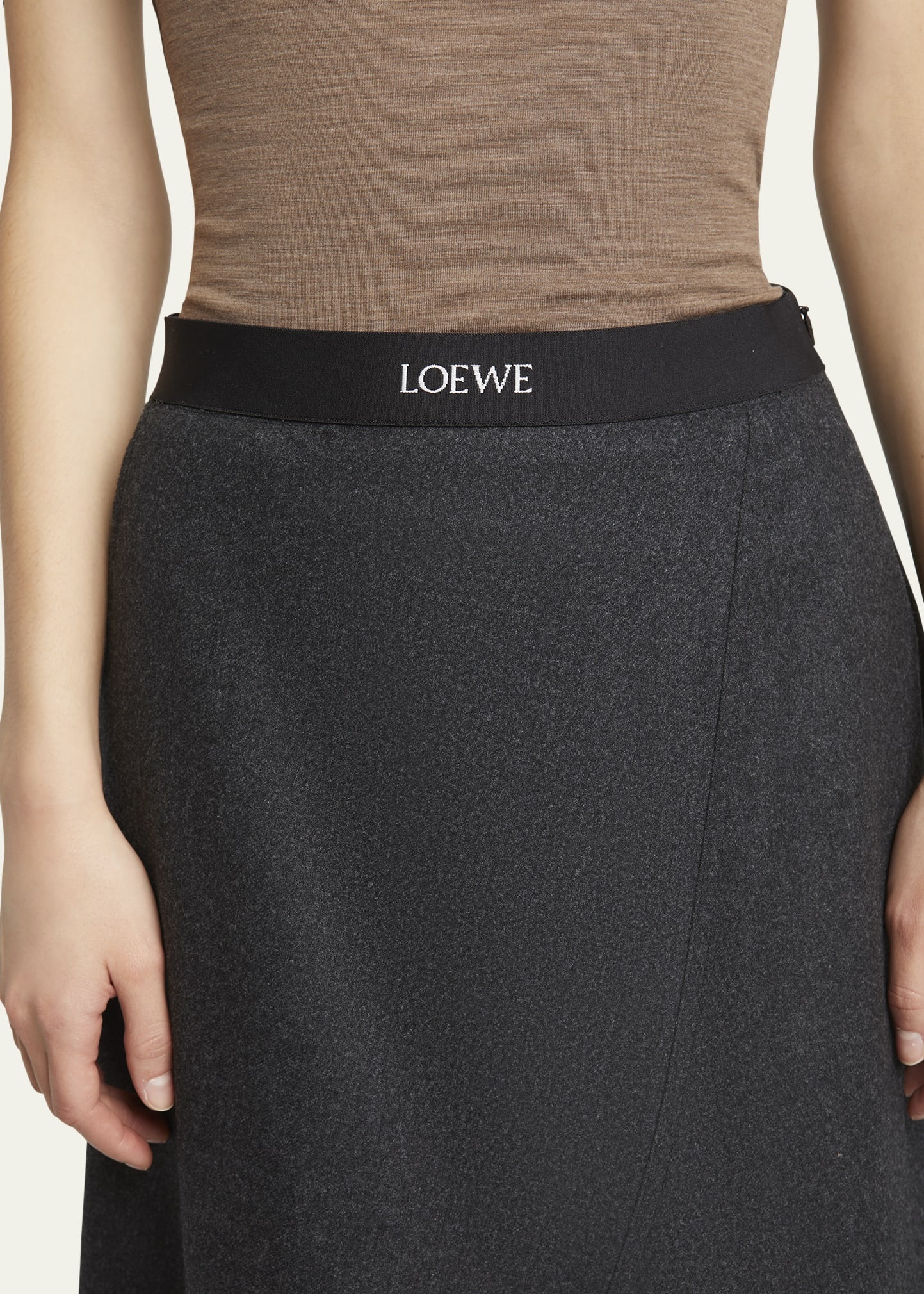 Logo Band Asymmetric Wool Cashmere Midi Skirt - 5