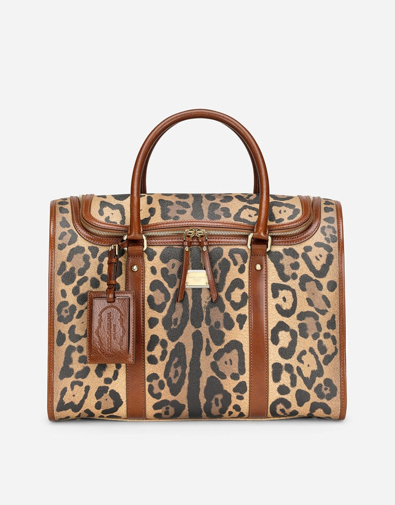 Small pet carrier bag in leopard-print Crespo with branded plate 1
