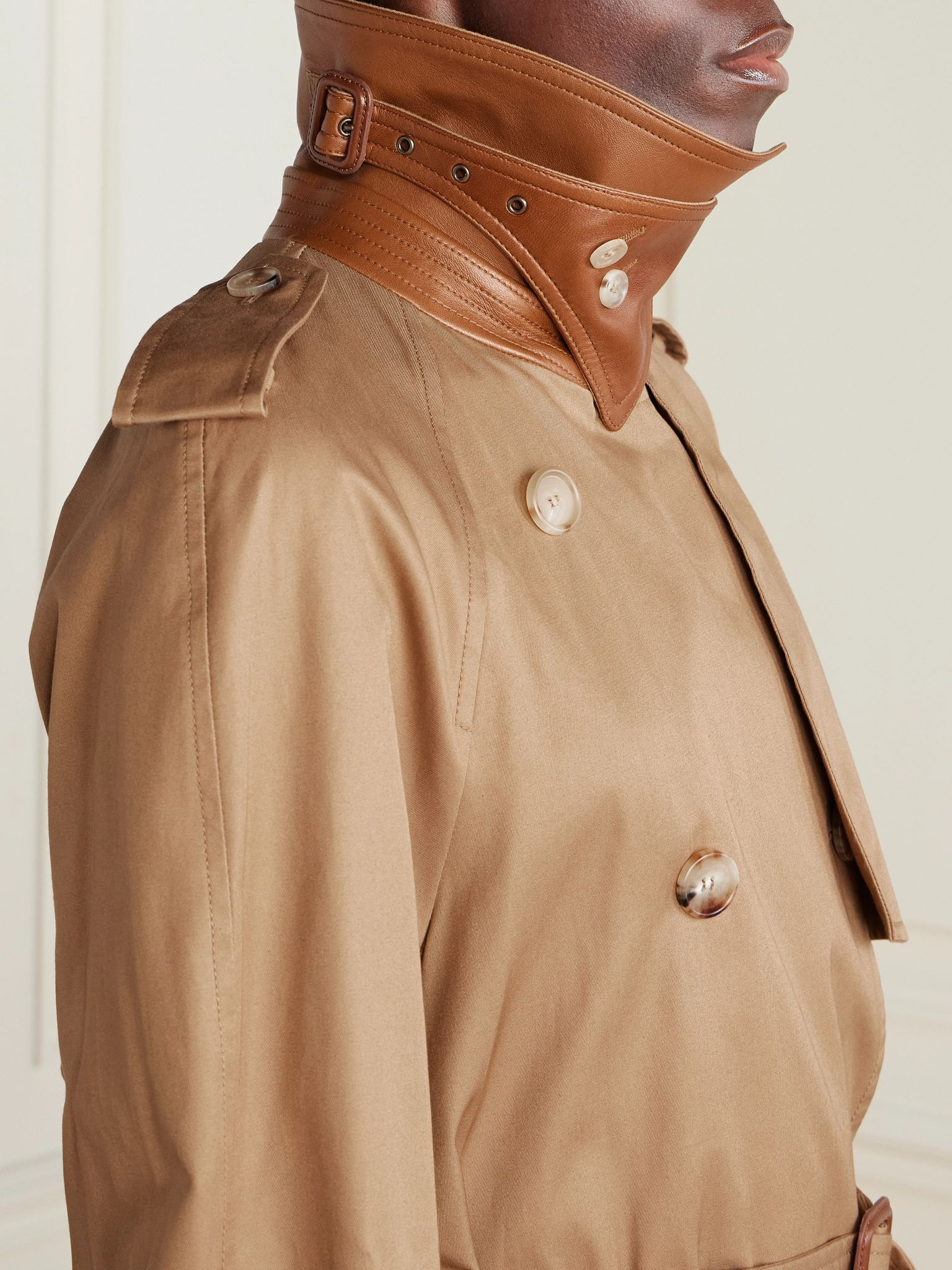 Double-breasted leather-trimmed cotton-gabardine trench coat Brown - 5