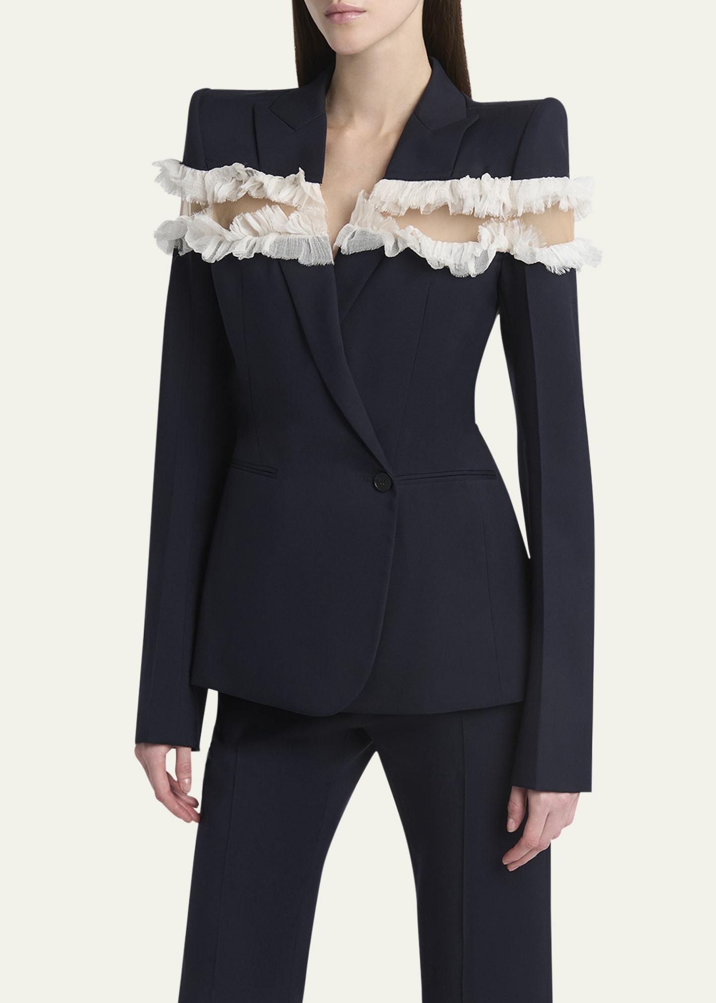 Ruffle Inset Single-Breasted Blazer - 4