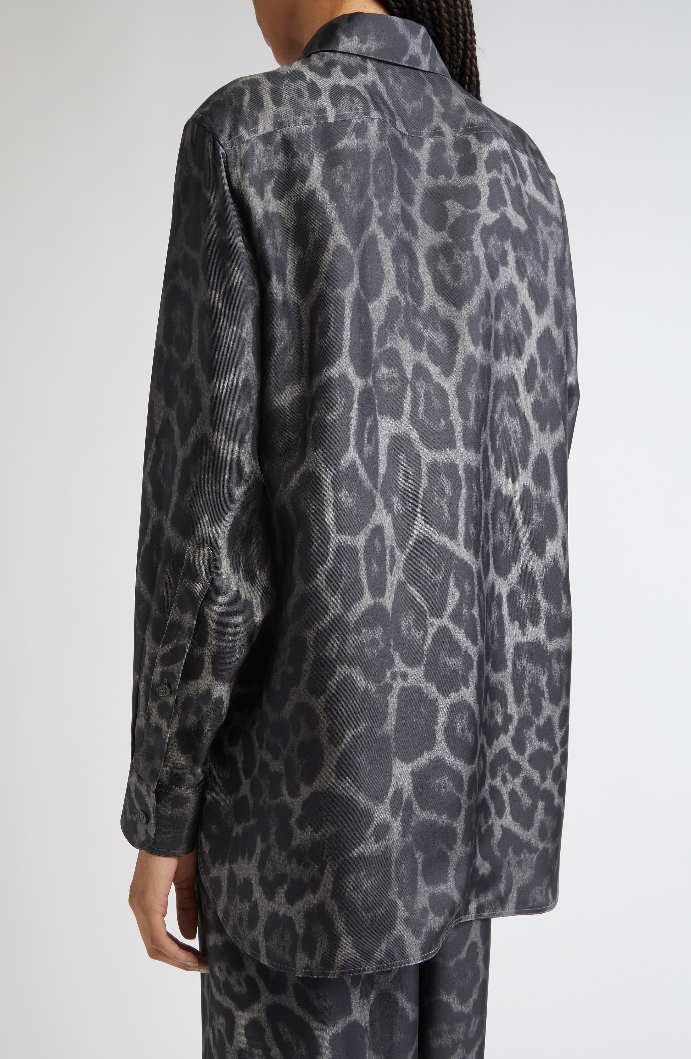 Stella McCartney Leopard Print Silk Button-Up Shirt in Ash Grey at Nordstrom - 3