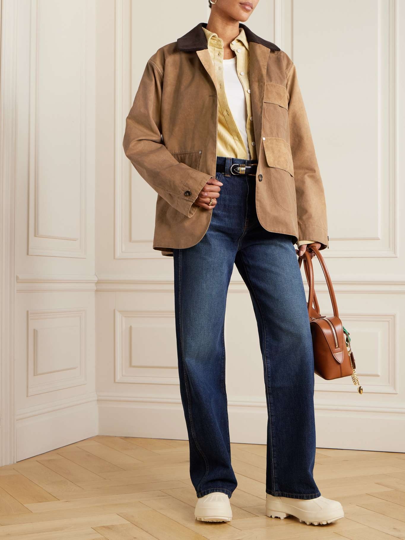 Corduroy-trimmed washed organic cotton-canvas jacket Tan - 2