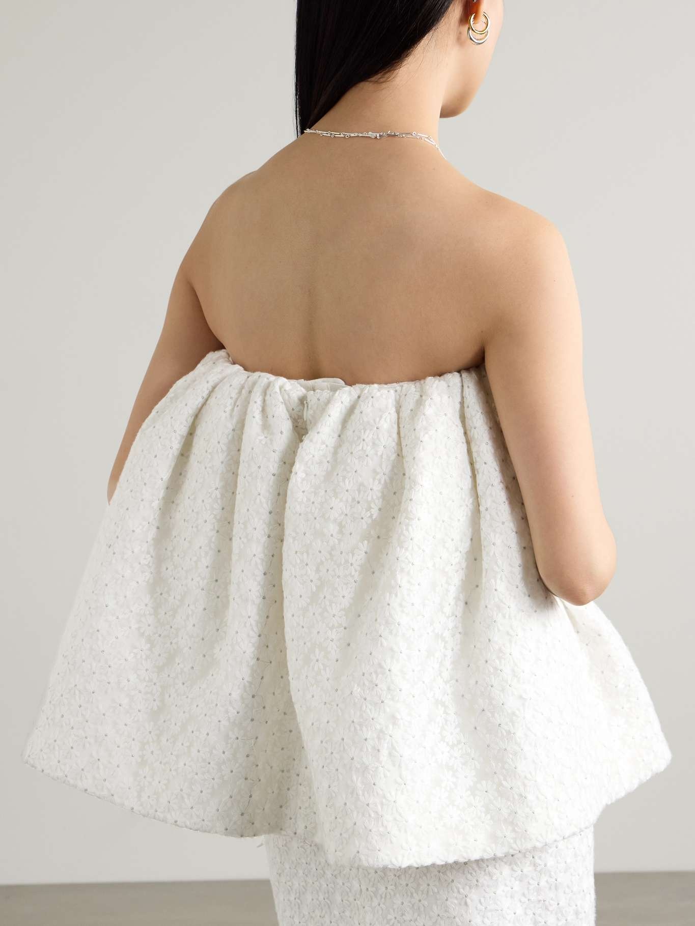 Strapless bow-embellished embroidered taffeta top - 4