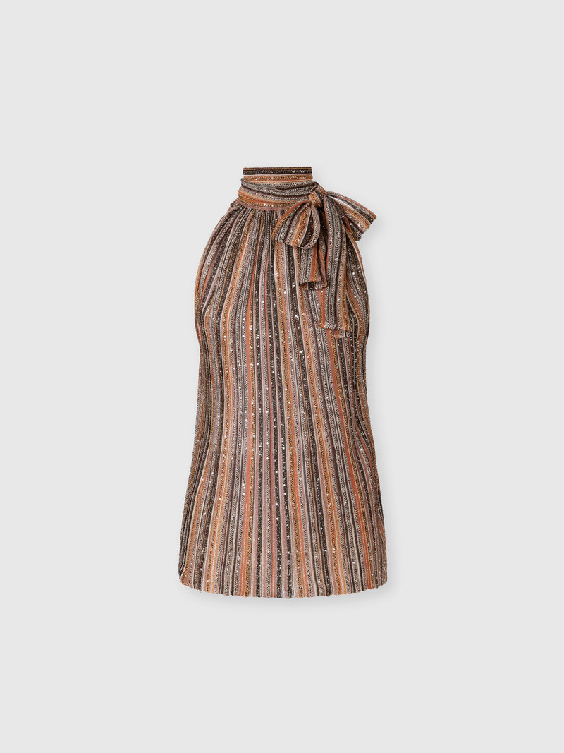 Ribbed Viscose Lamé Sleeveless Top with Scarf Collar 1