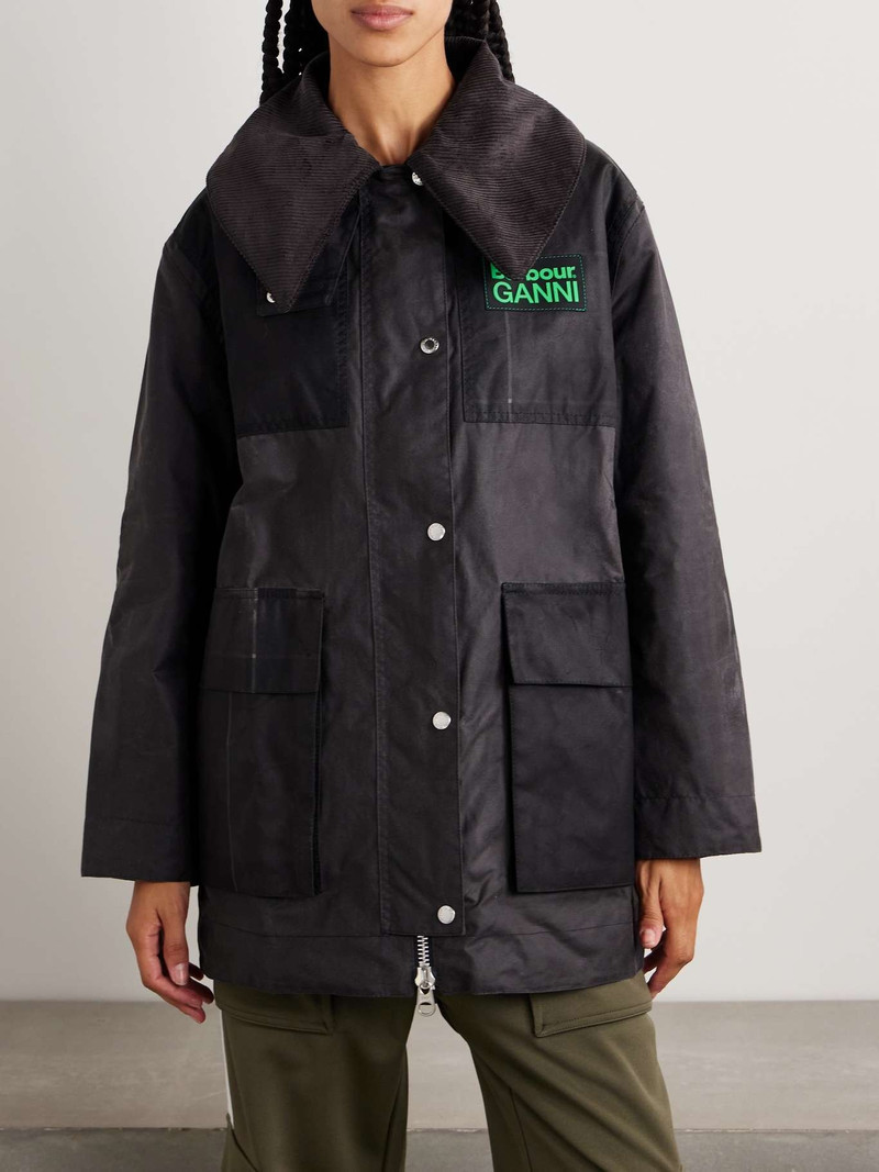 + GANNI corduroy-trimmed paneled checked waxed-organic cotton jacket 3