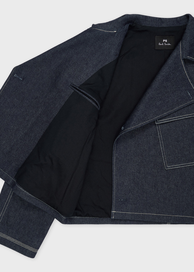 Denim Cotton-Blend Cropped Asymmetric Jacket with Topstitching 4