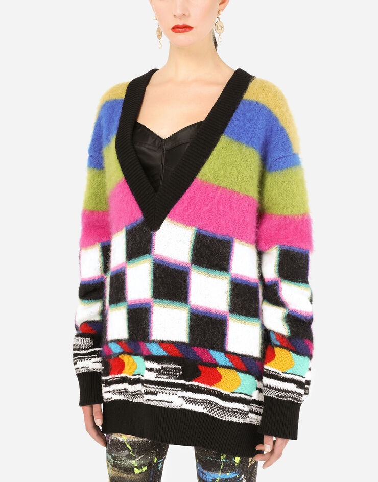 V-neck sweater with multi-color glitch design - 4