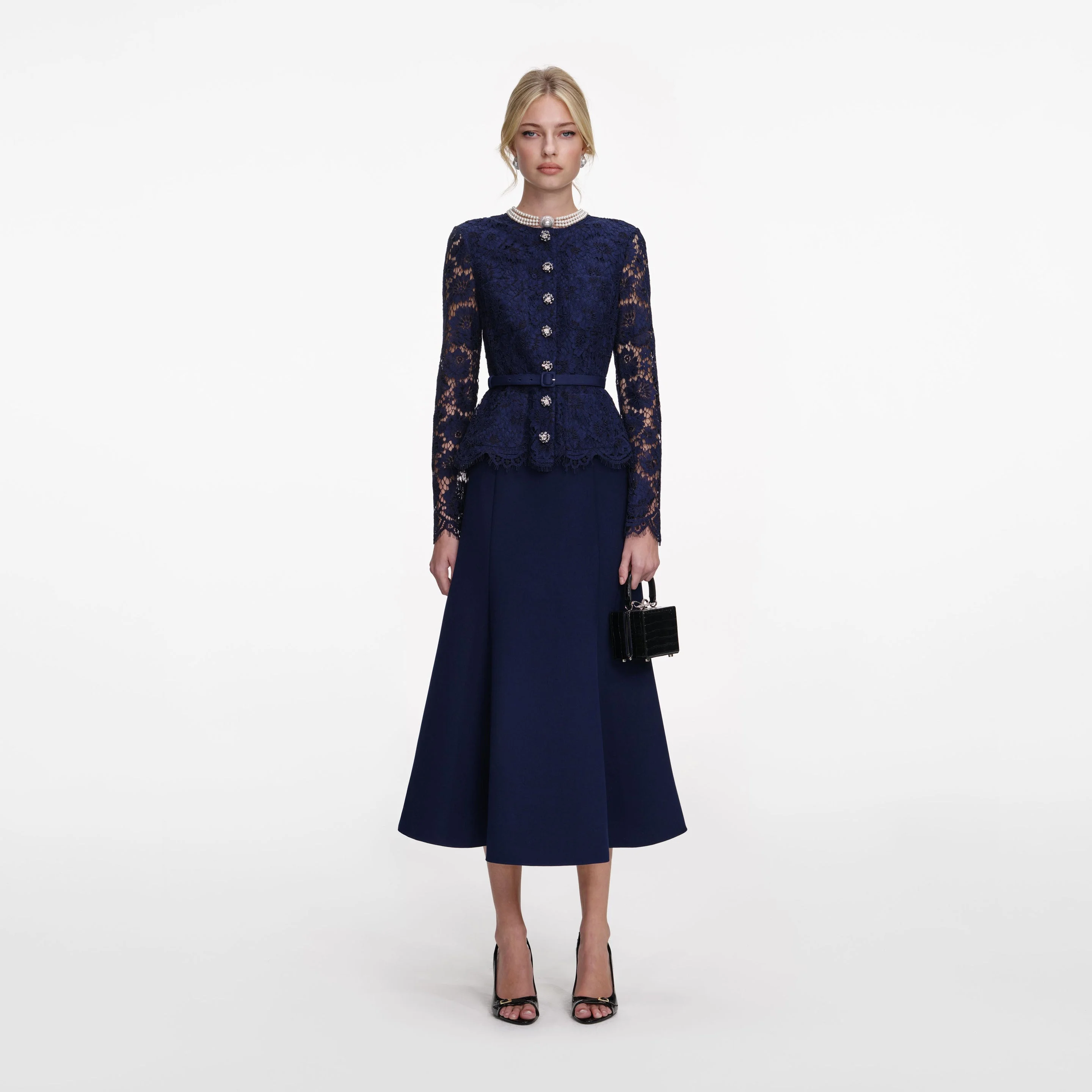 Navy Tailored Lace Midi Dress - 1
