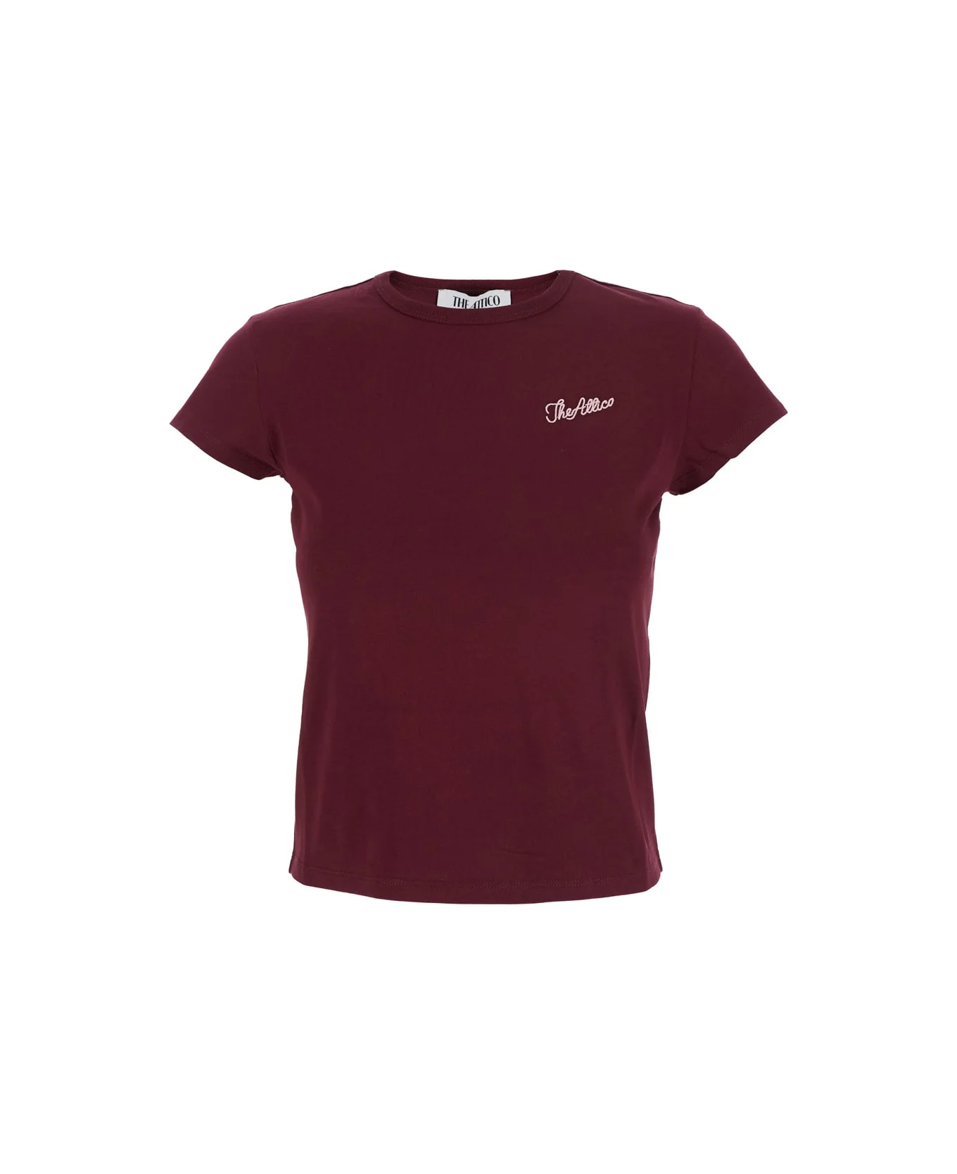 Bordeaux Crew Neck T-shirt With Logo Lettering On The Front In Cotton Woman - 1