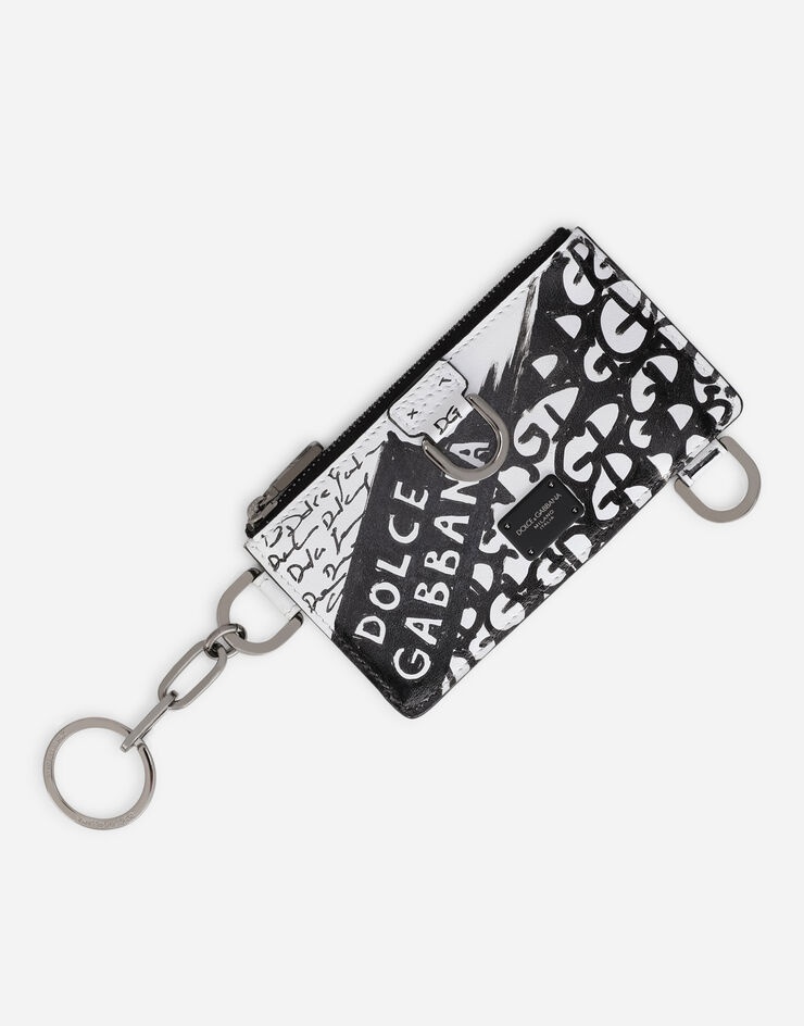 Graffiti-print calfskin card holder with keychain ring - 4