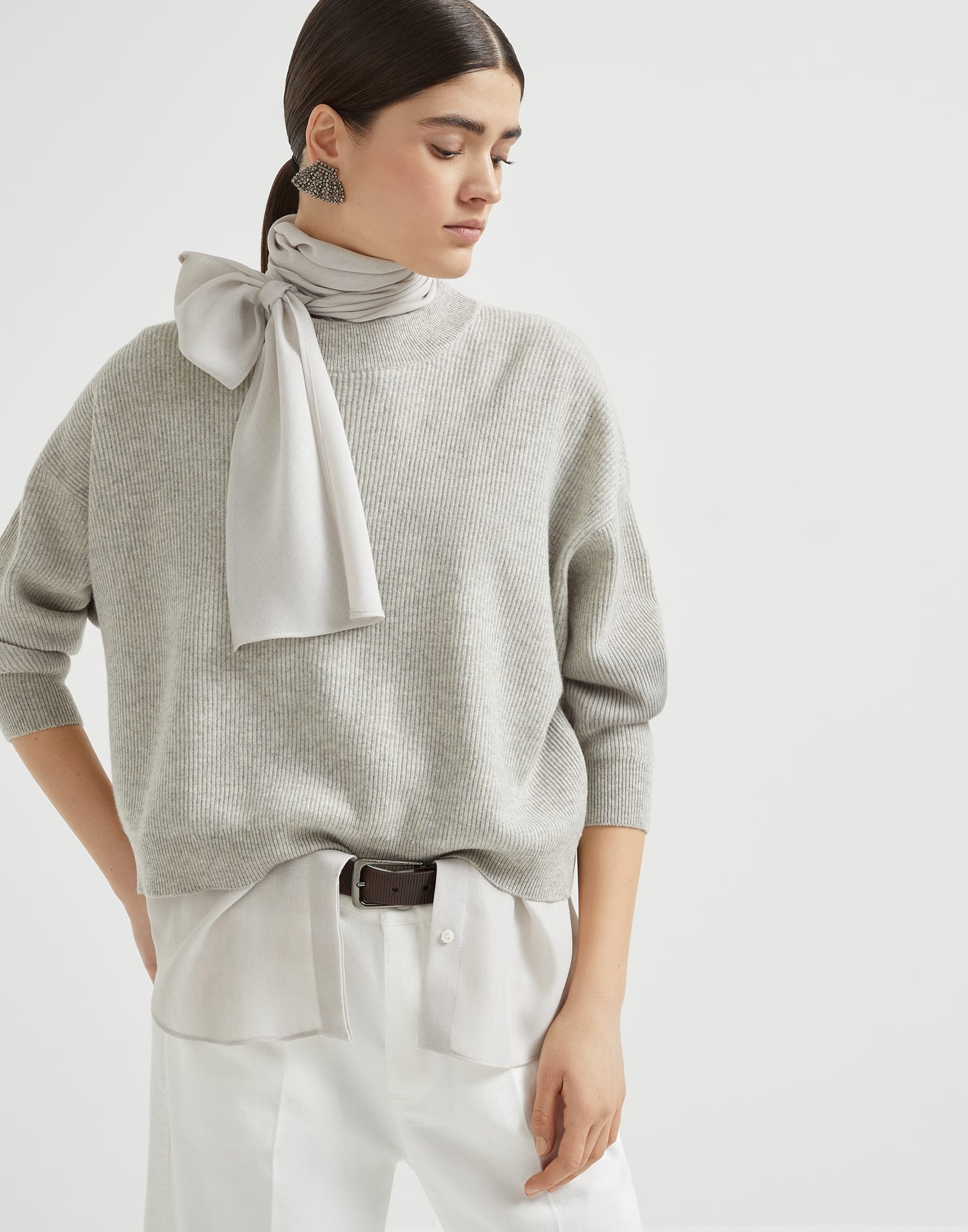 Cashmere English rib sweater with detachable pussybow blouse and monili - 4
