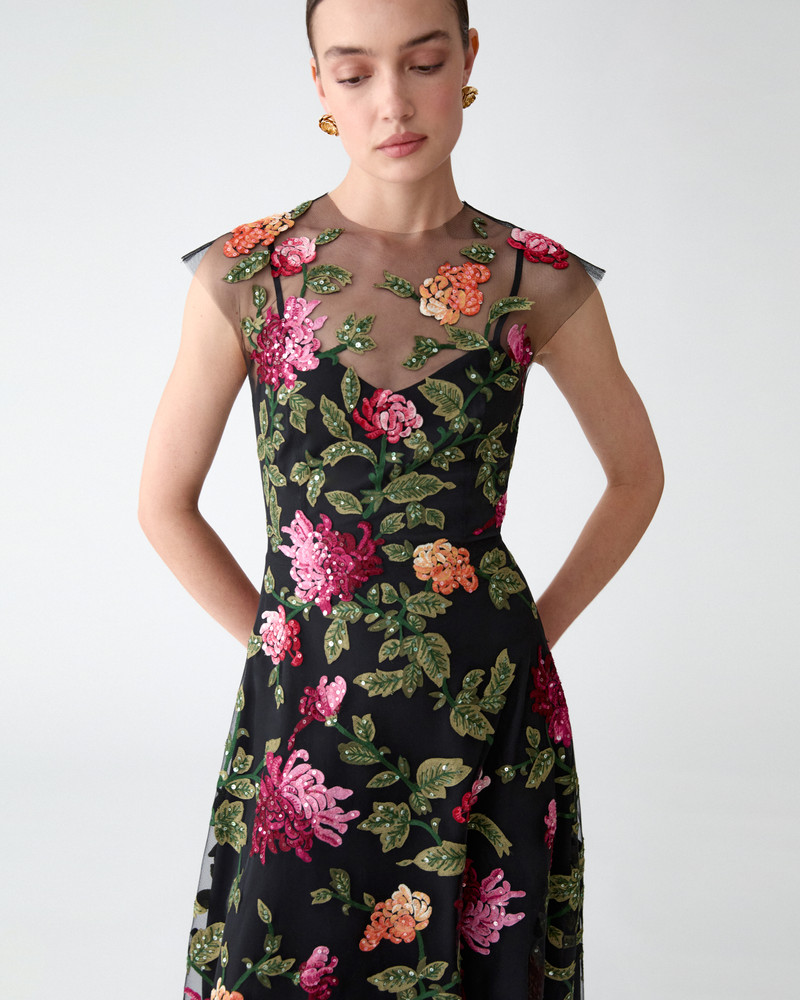 Floral-Embroidered Tulle Midi Dress 4