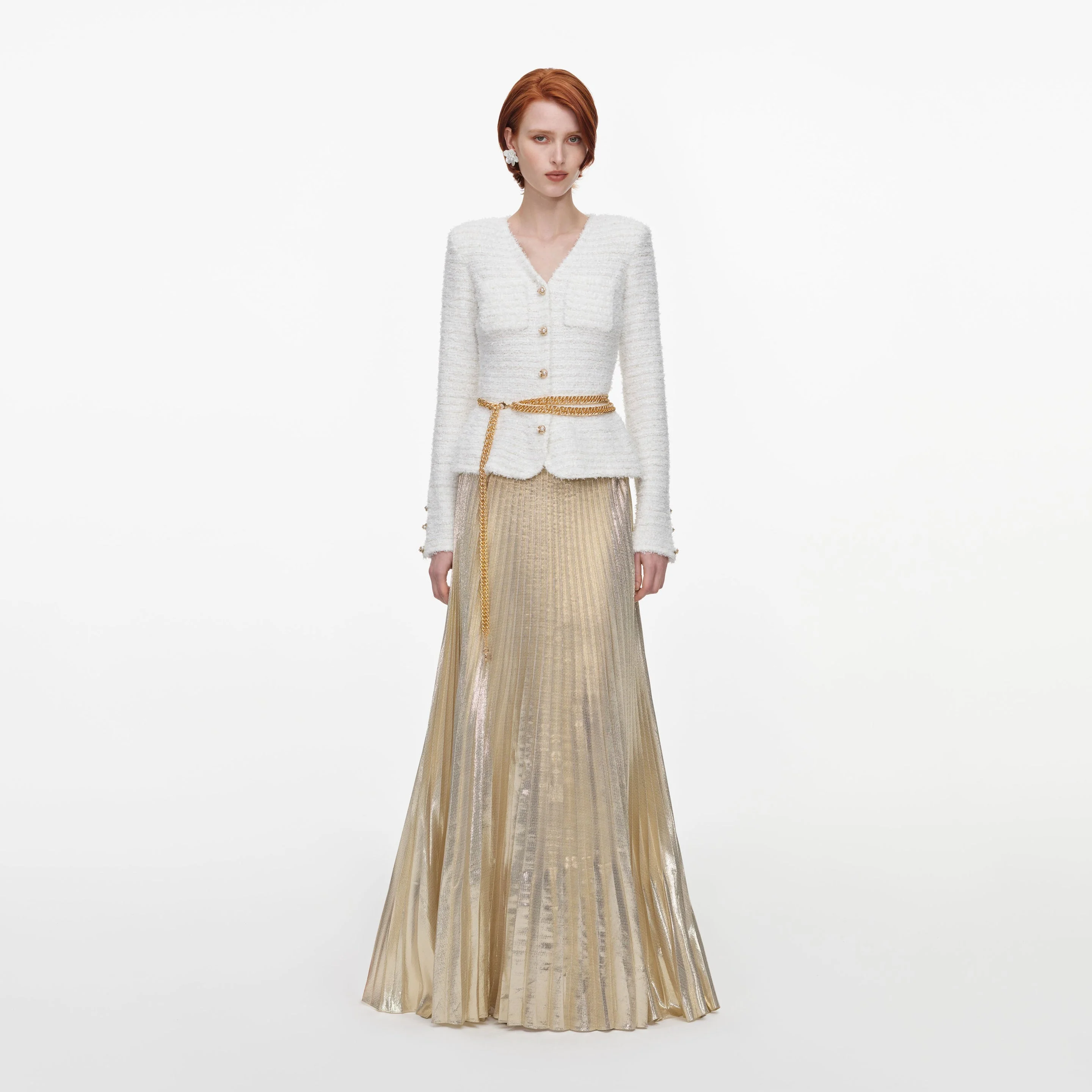 Cream Textured Knit Metallic Chiffon Maxi Dress - 1