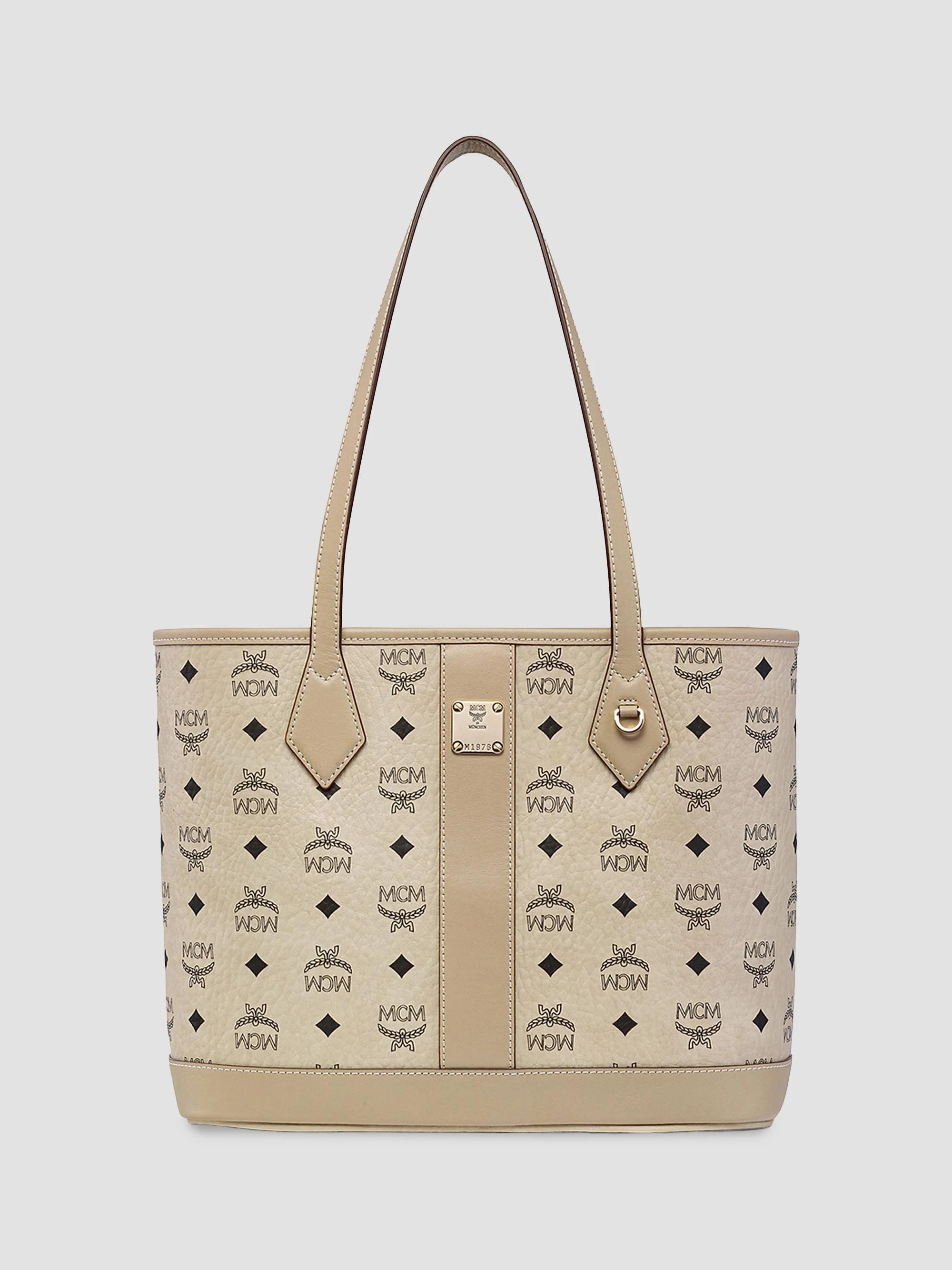 Women's Small Liz Visetos Canvas Shopper Tote Bag - Beige Black - 1
