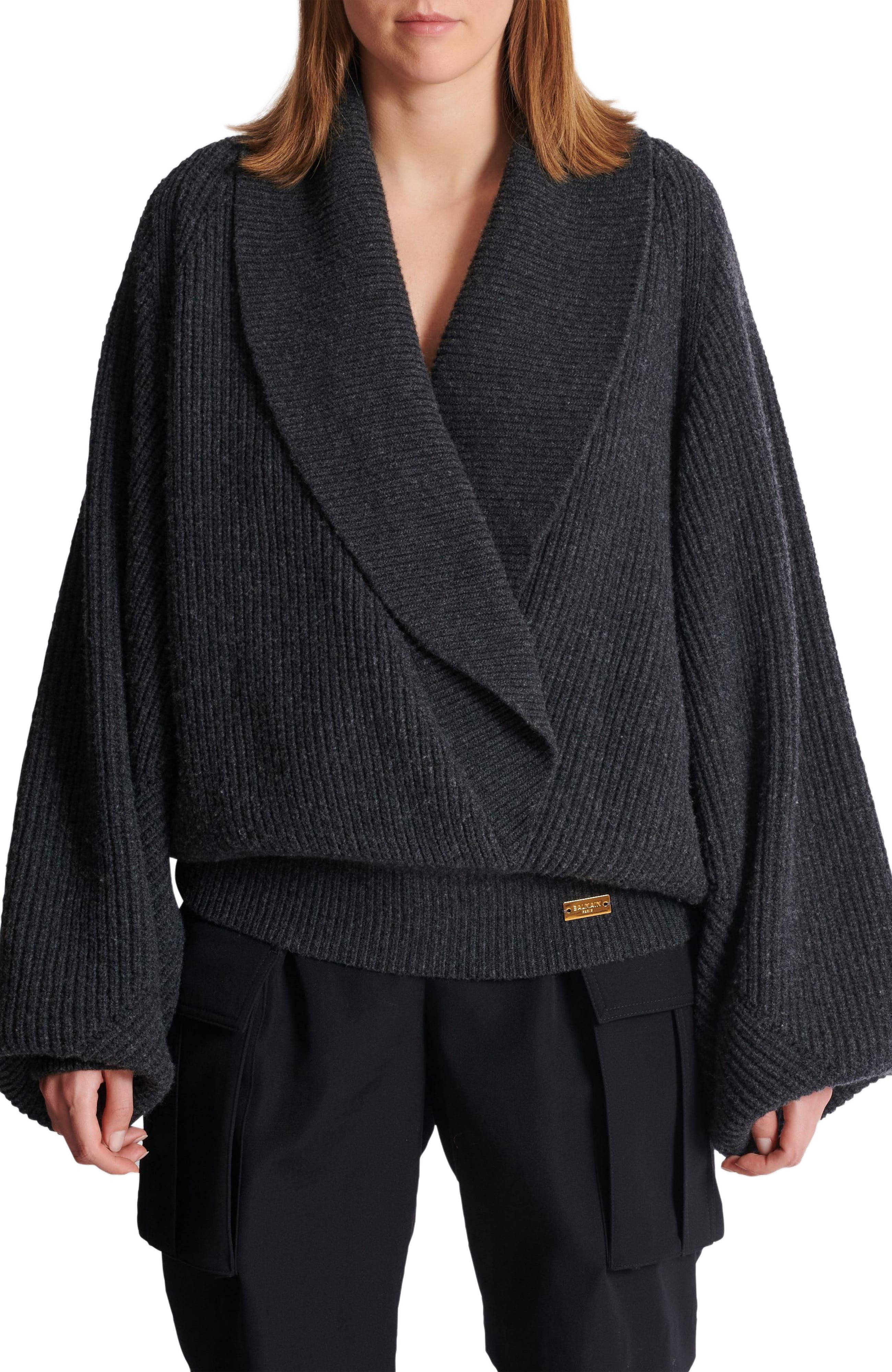 Balmain Oversized Wrap Knit Jumper in Grey at Nordstrom - 6