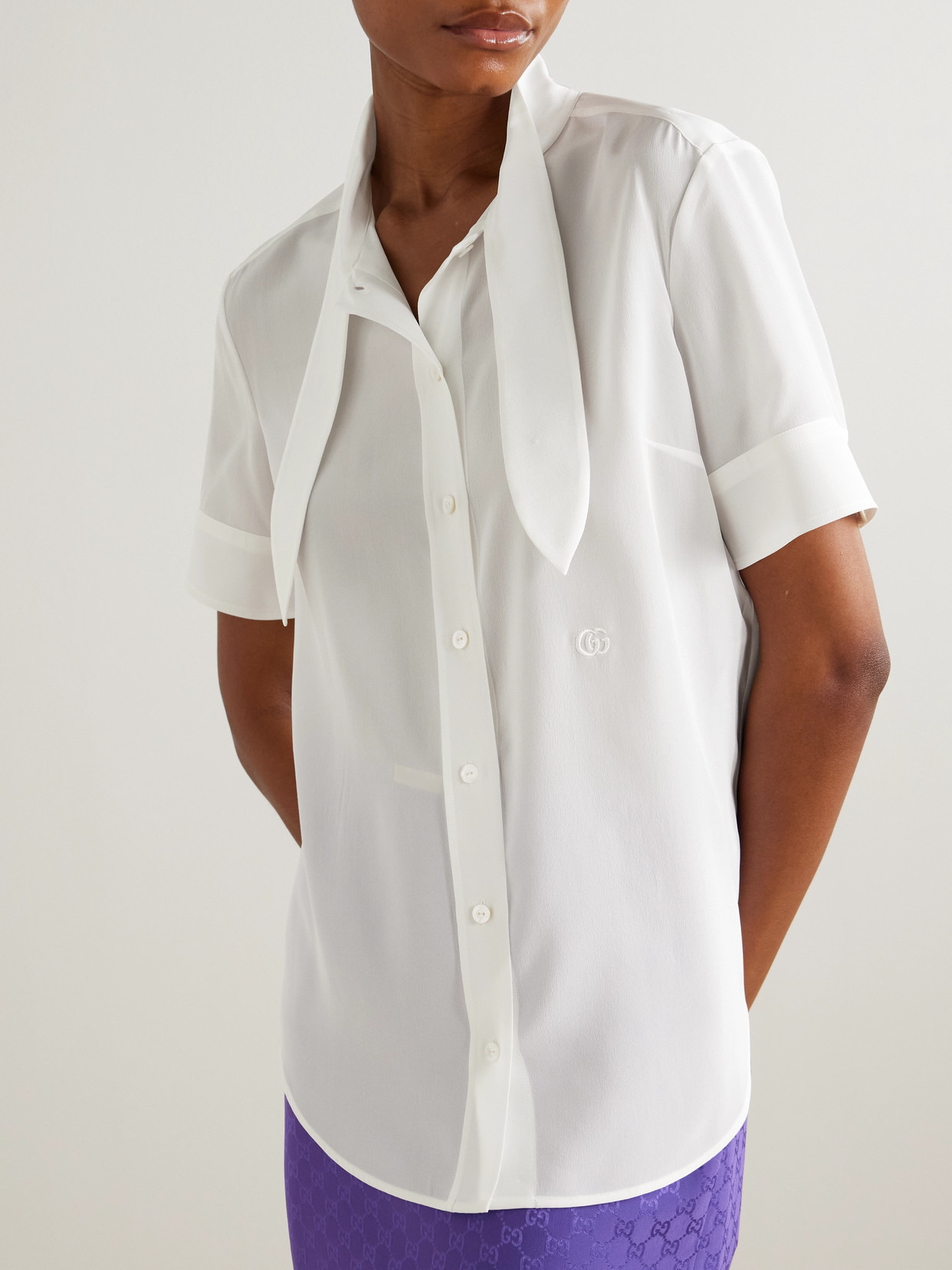 Embroidered Pussy-bow Silk Shirt - 4